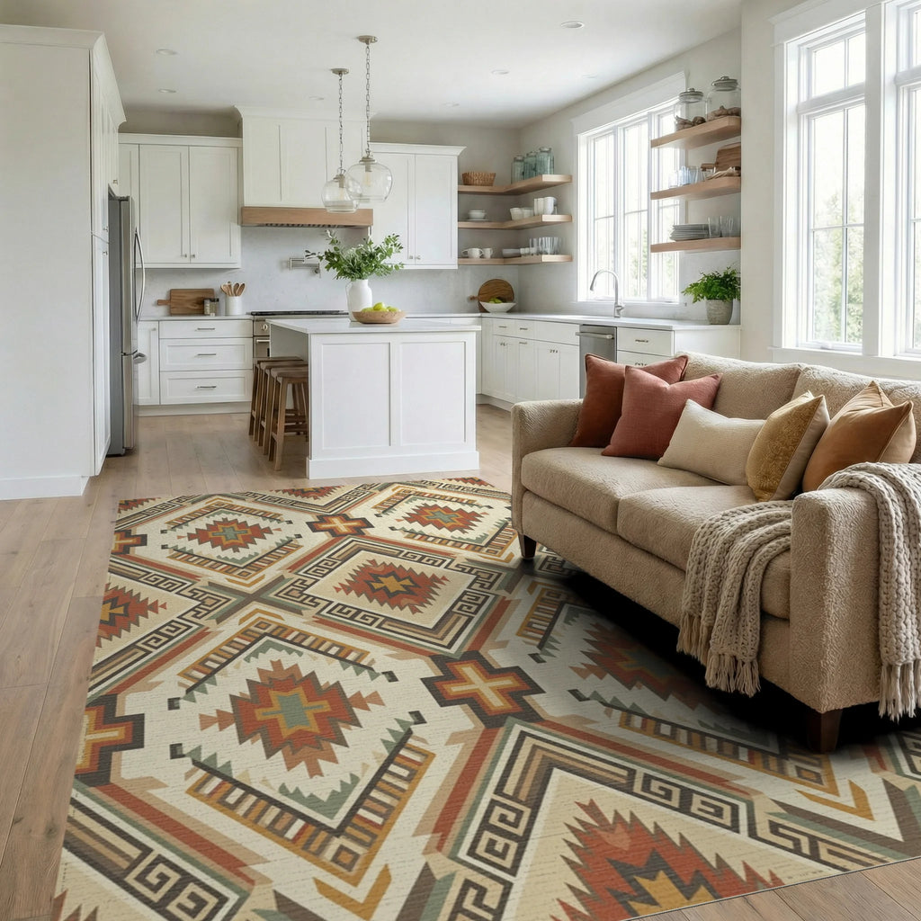 Earthy Southwest Diamond Geometric Rug Living Room View