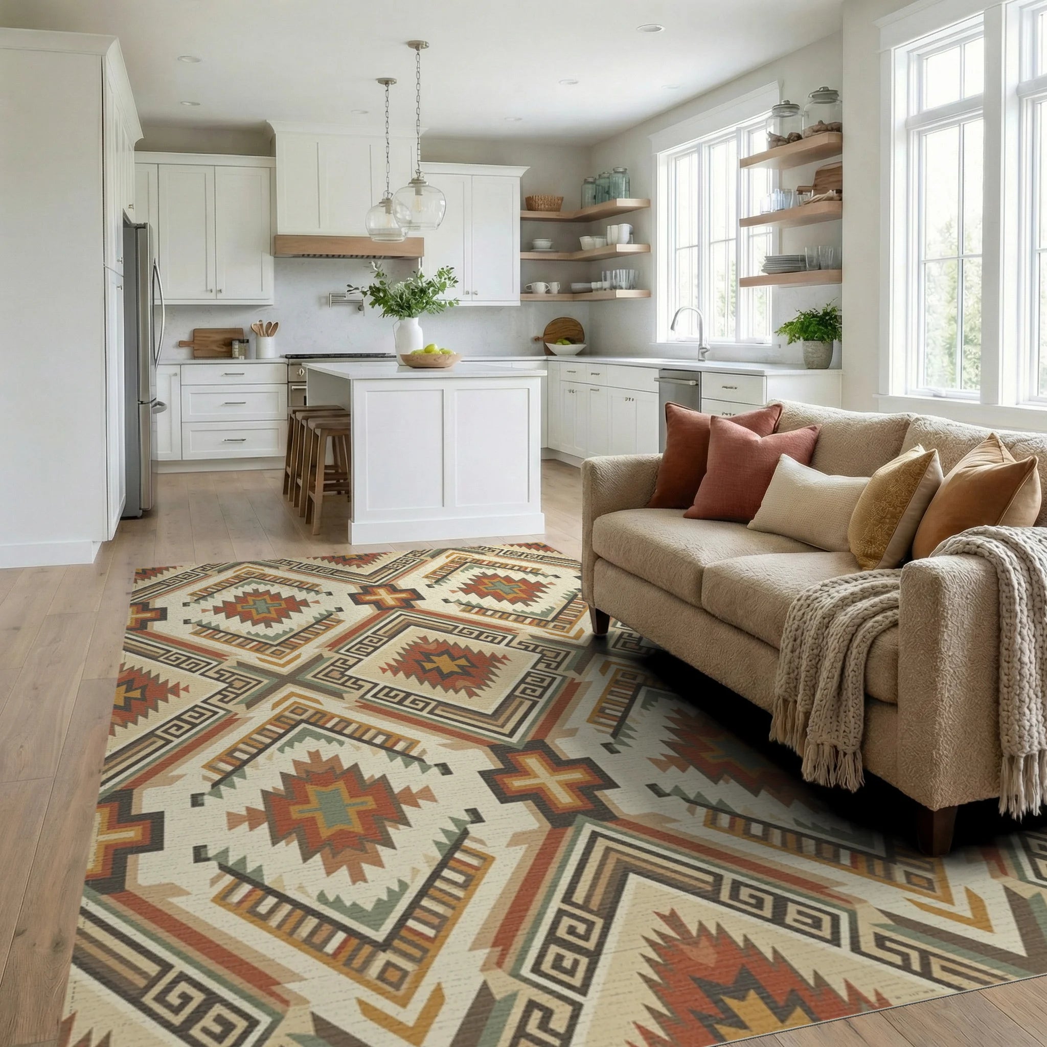 Earthy Southwest Diamond Geometric Rug Living Room View