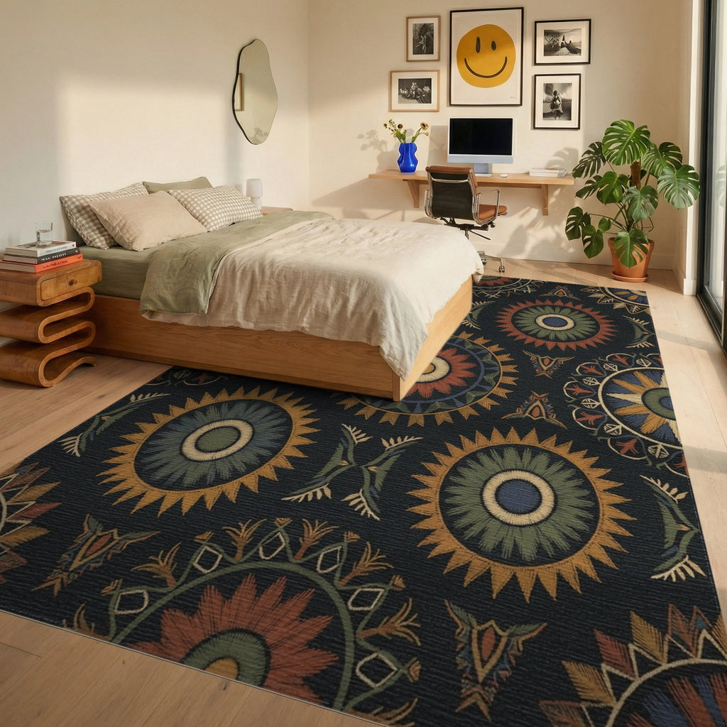 Earthy Sunburst Medallion Embroidered Rug Bedroom View