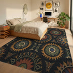 Earthy Sunburst Medallion Embroidered Rug Bedroom View