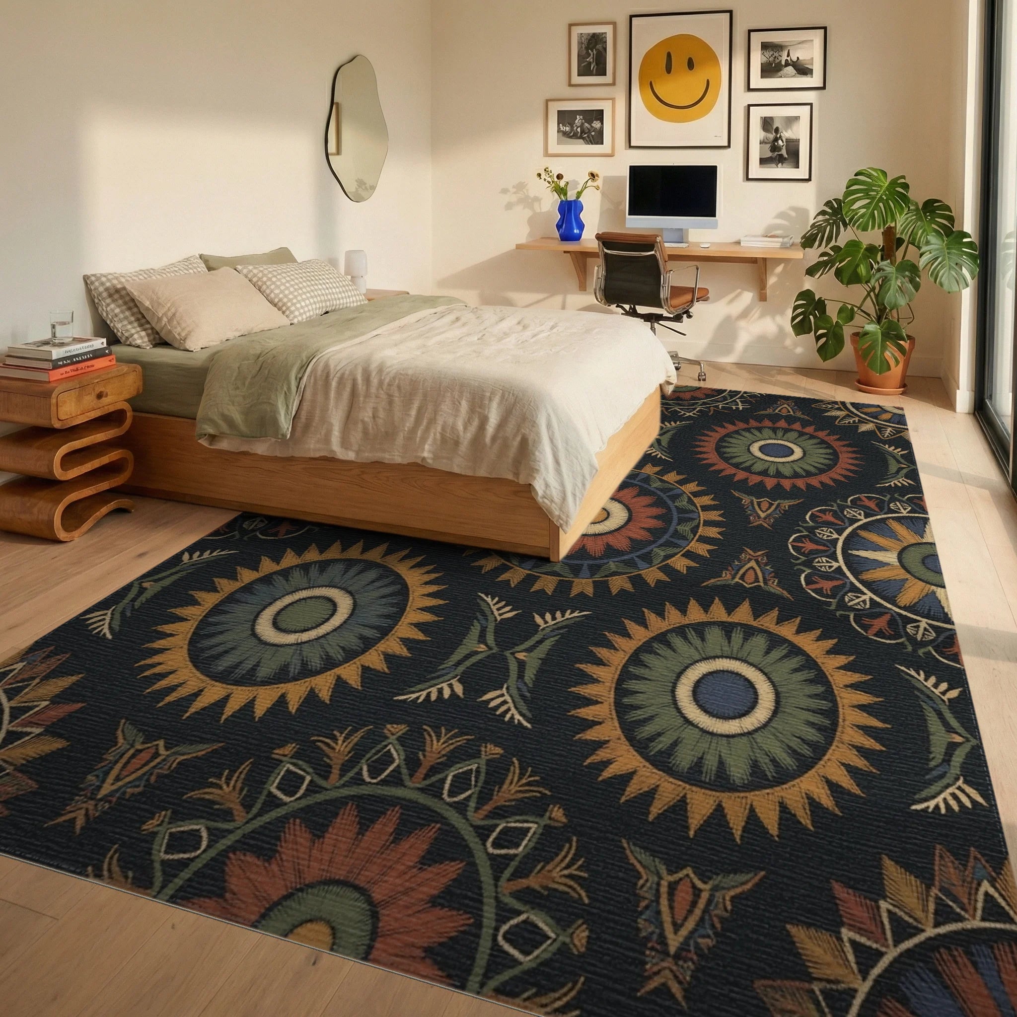 Earthy Sunburst Medallion Embroidered Rug Bedroom View