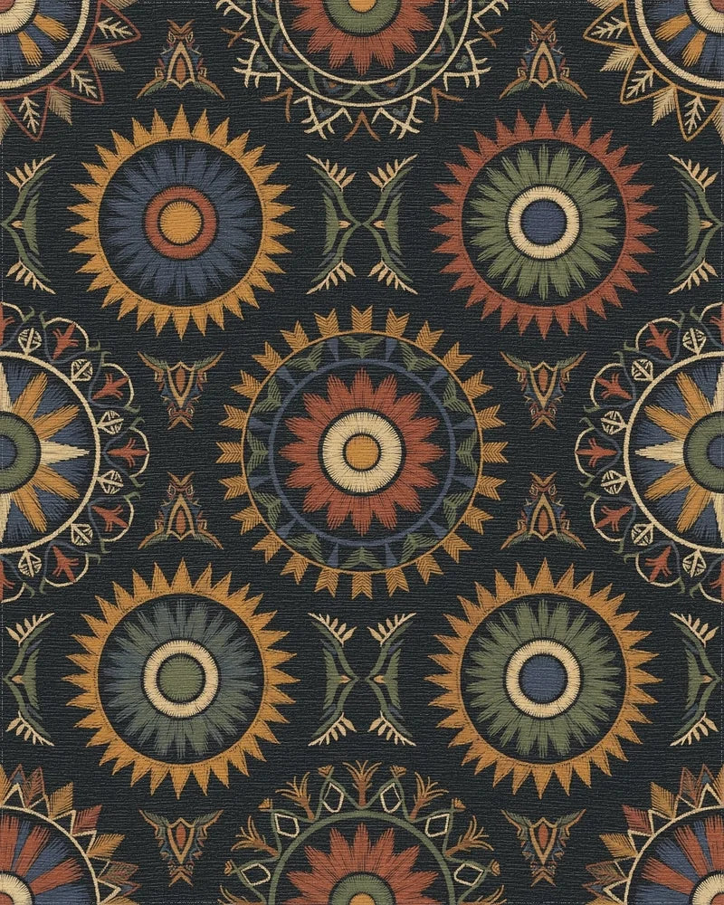Earthy Sunburst Medallion Embroidered Rug - Cutout View
