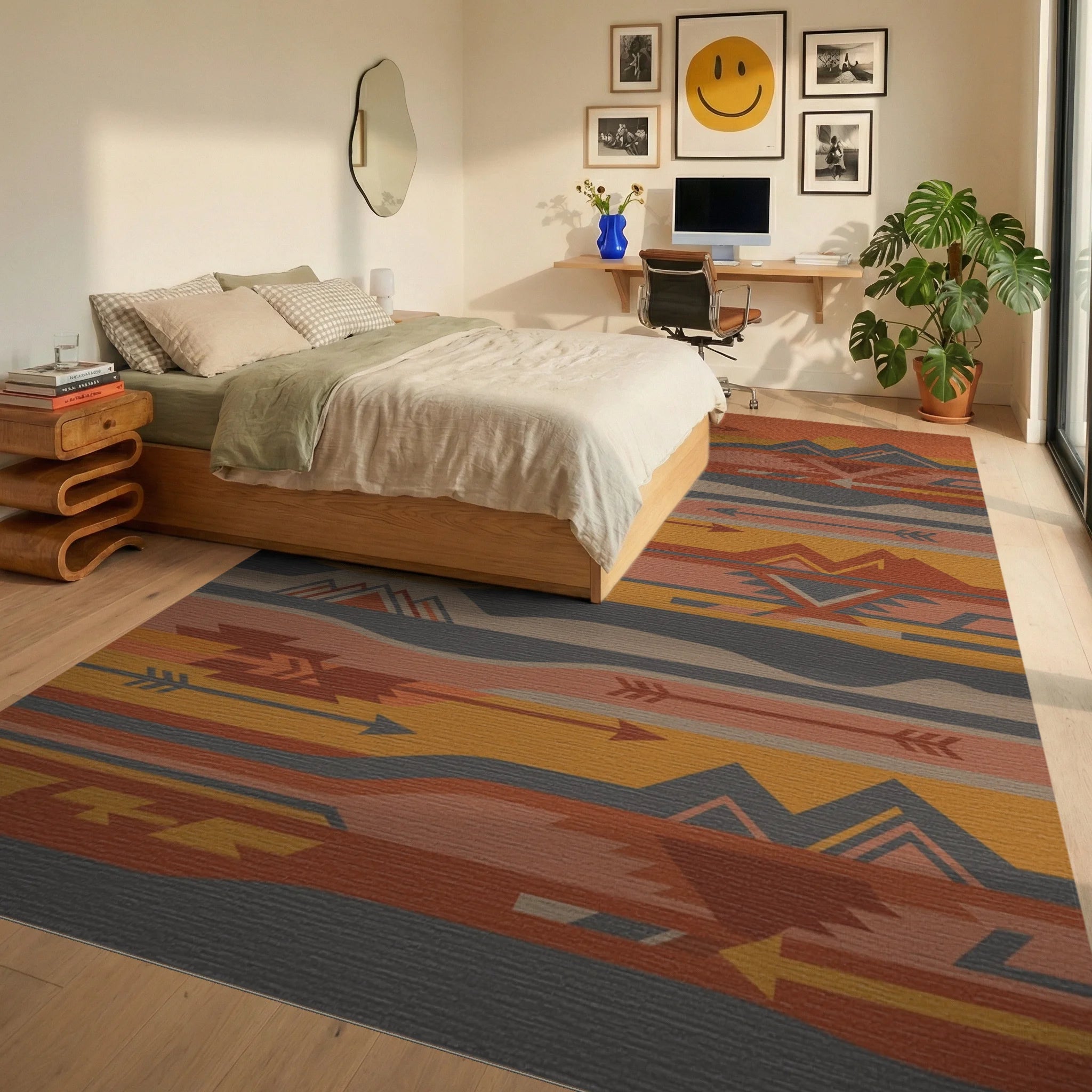 Earthy Sunset Mountain Arrow Geometric Rug Bedroom View