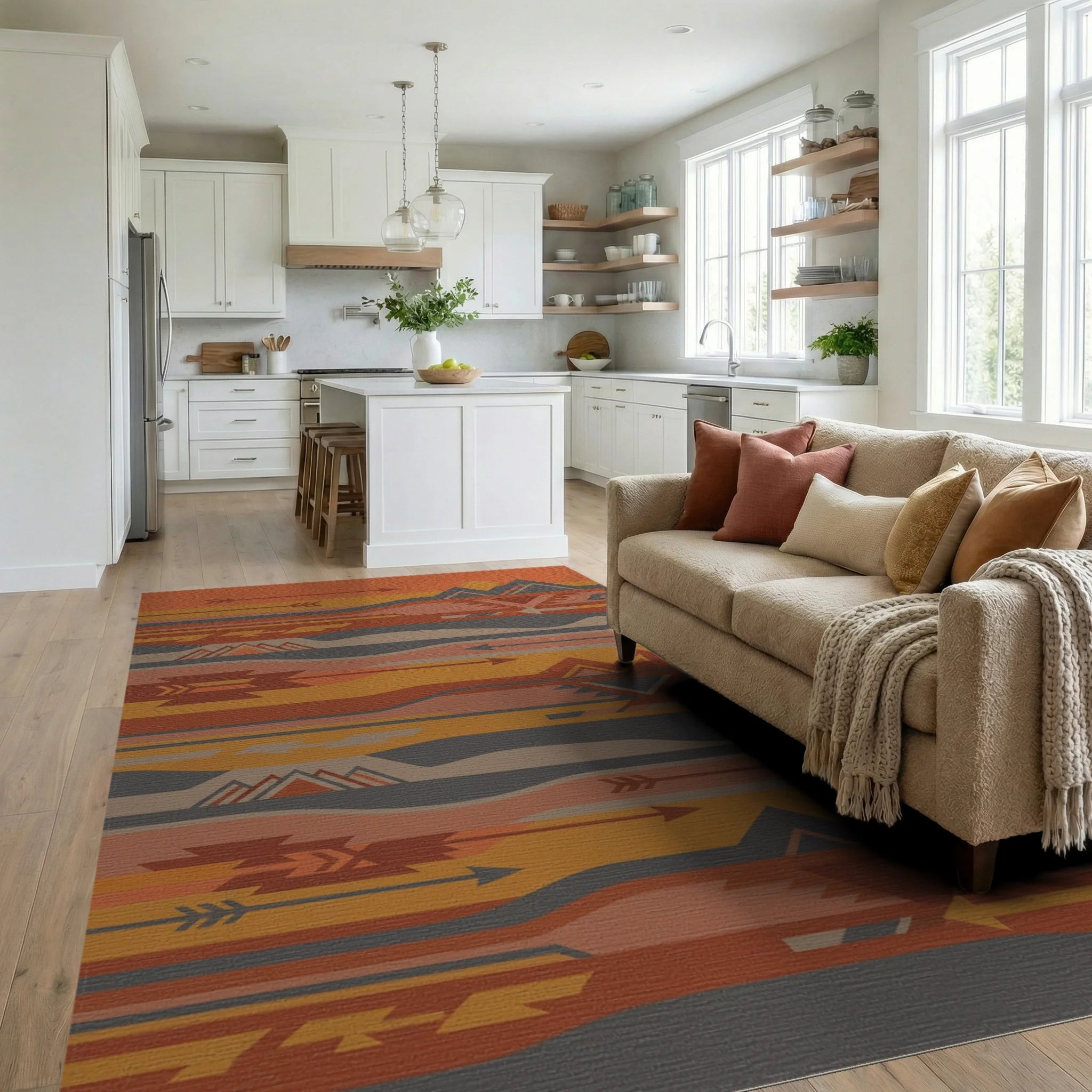 Earthy Sunset Mountain Arrow Geometric Rug Living Room View