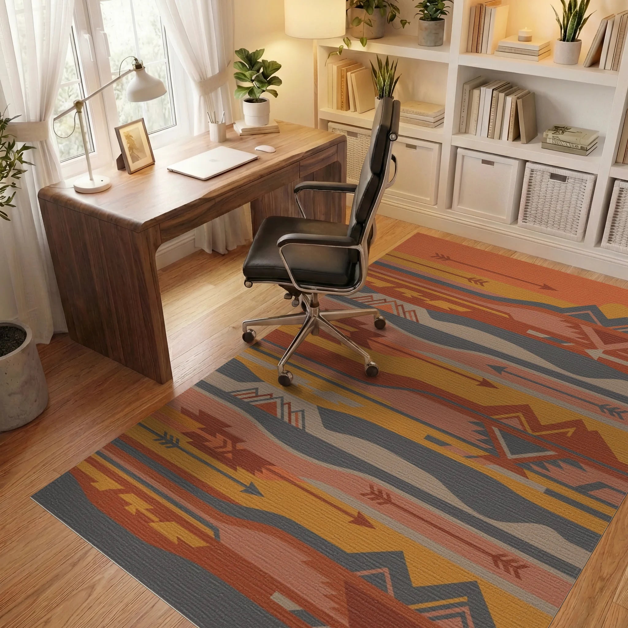 Earthy Sunset Mountain Arrow Geometric Rug Office View