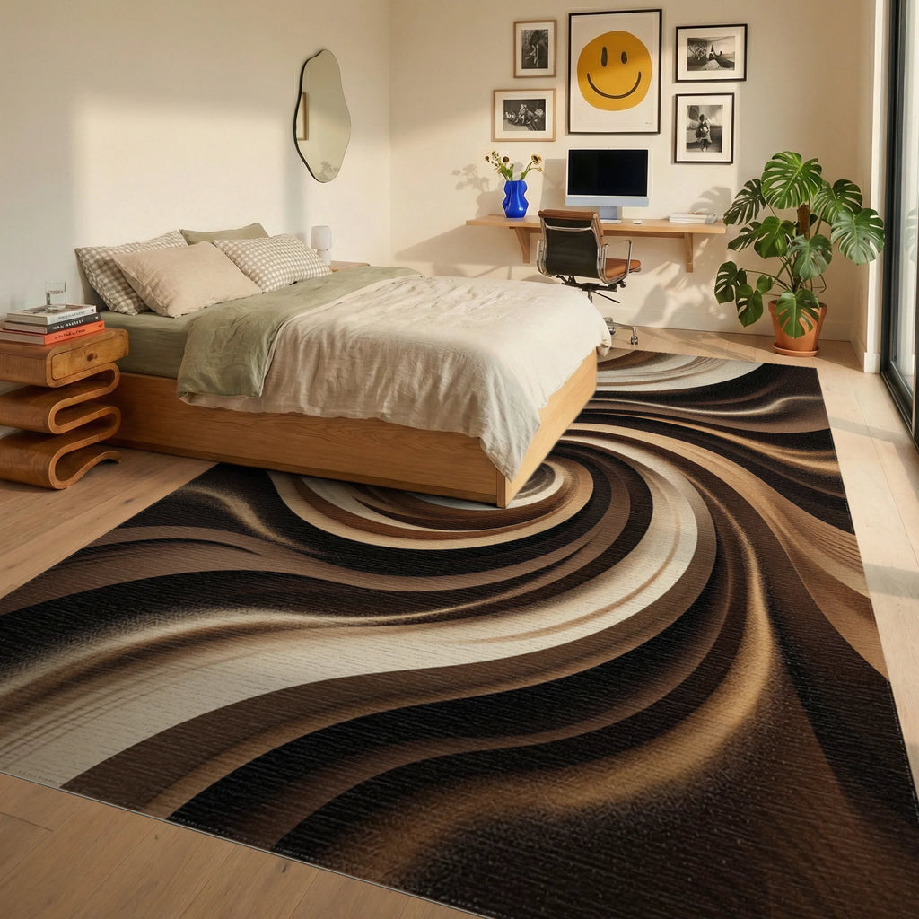 Earthy Swirl Abstract Flow Rug Bedroom View