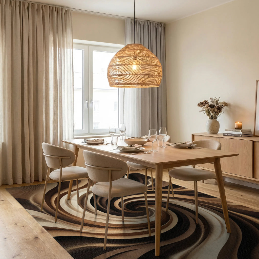 Earthy Swirl Abstract Flow Rug Dining Room View