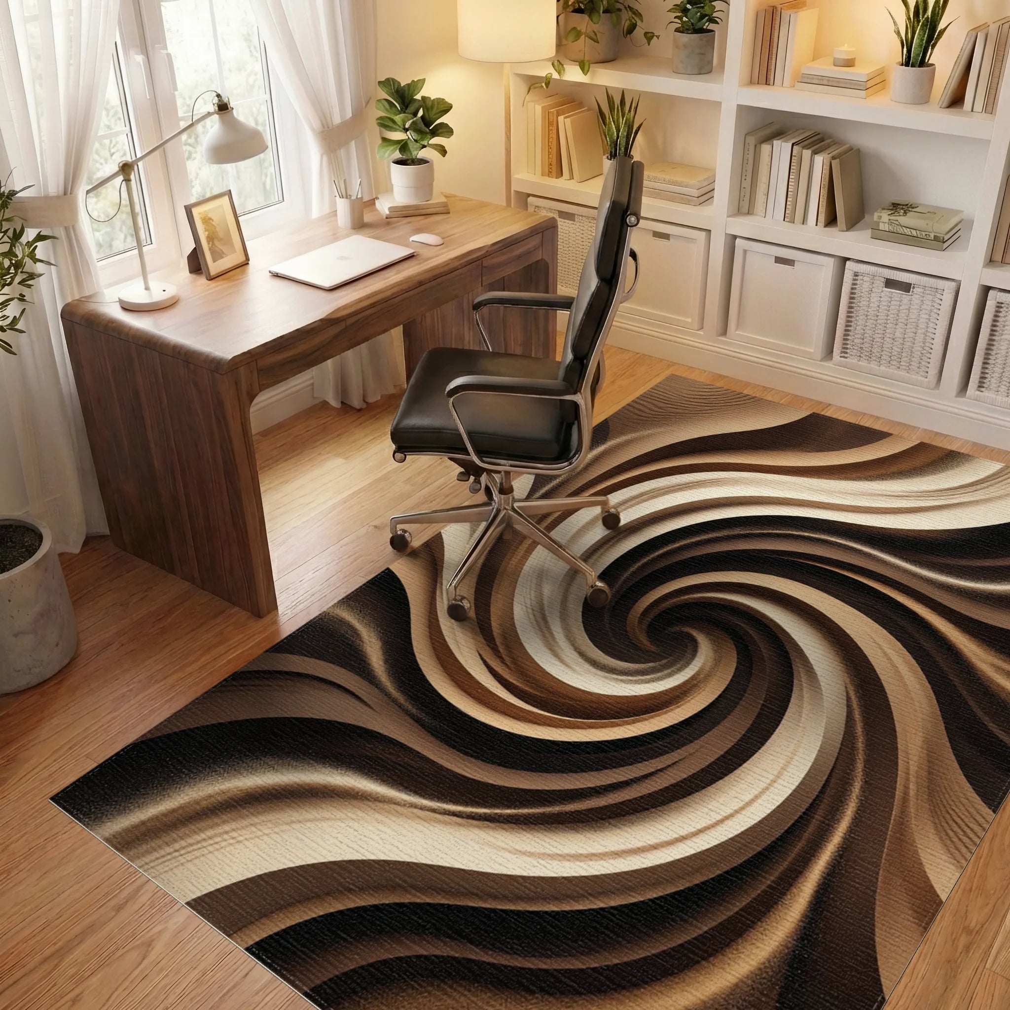 Earthy Swirl Abstract Flow Rug Office View