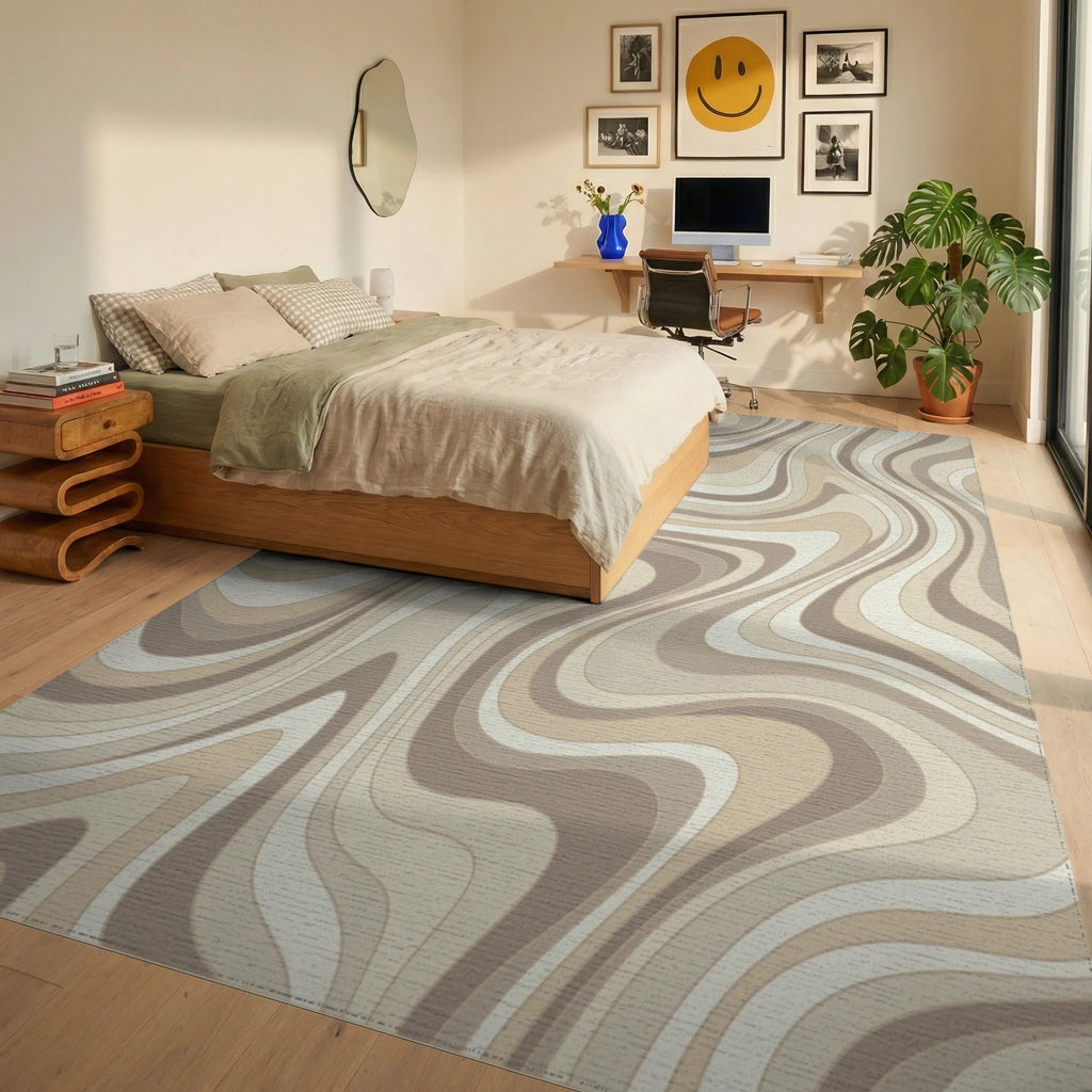 Earthy Swirl Abstract Lines Rug Bedroom View