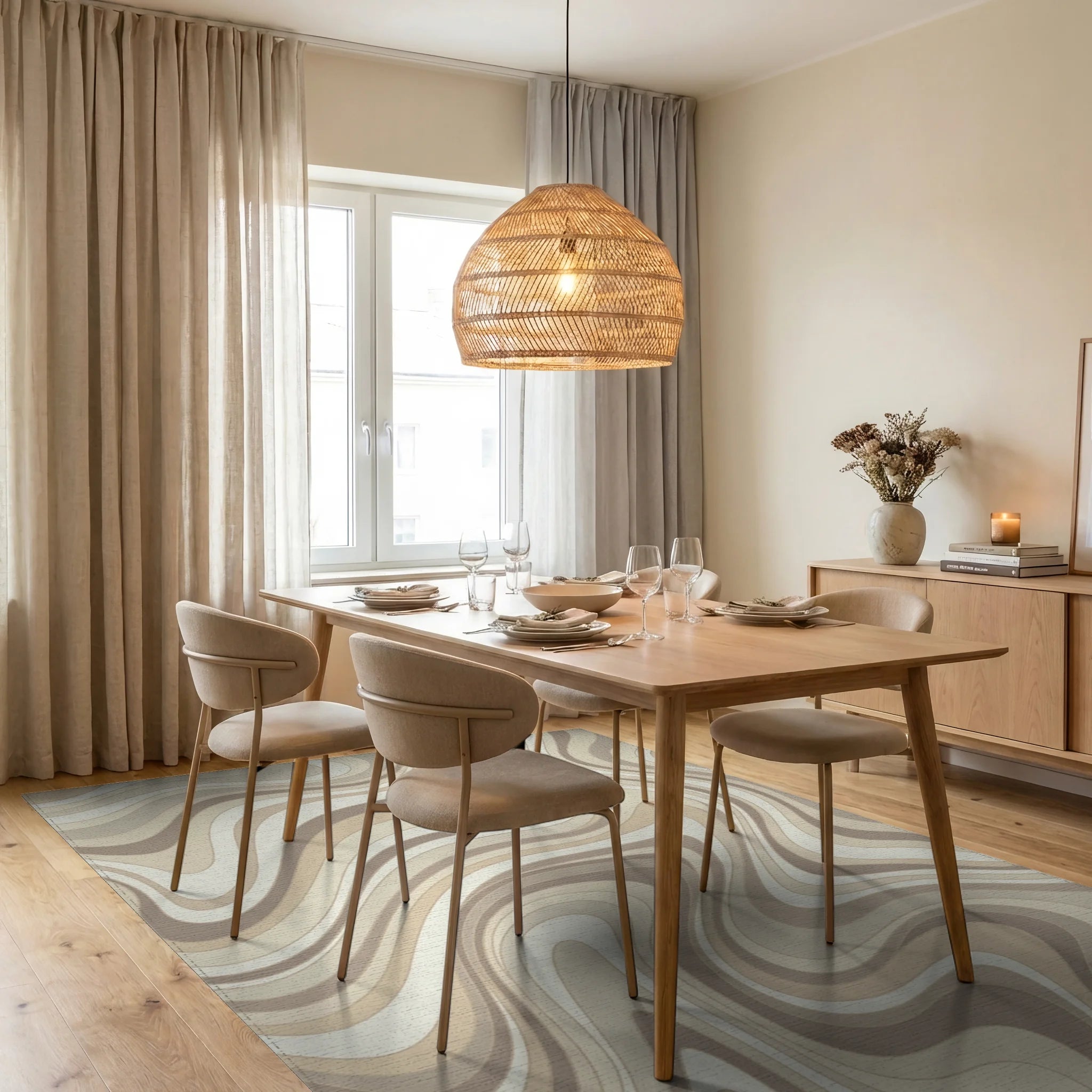 Earthy Swirl Abstract Lines Rug Dining Room View