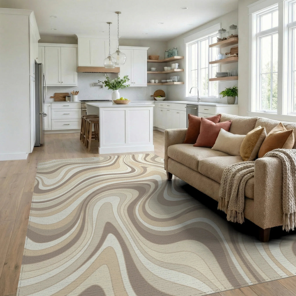 Earthy Swirl Abstract Lines Rug Living Room View