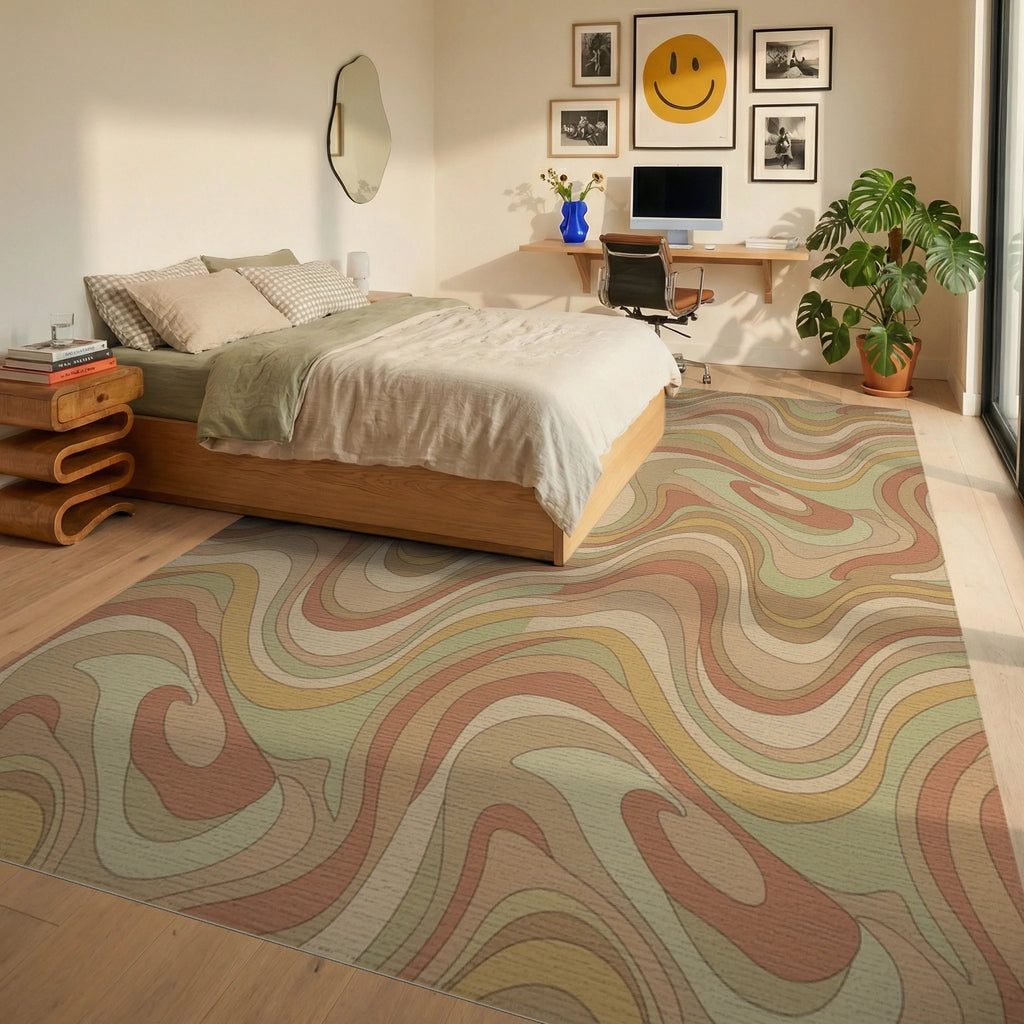 Earthy Swirl Flowing Lines Rug Bedroom View