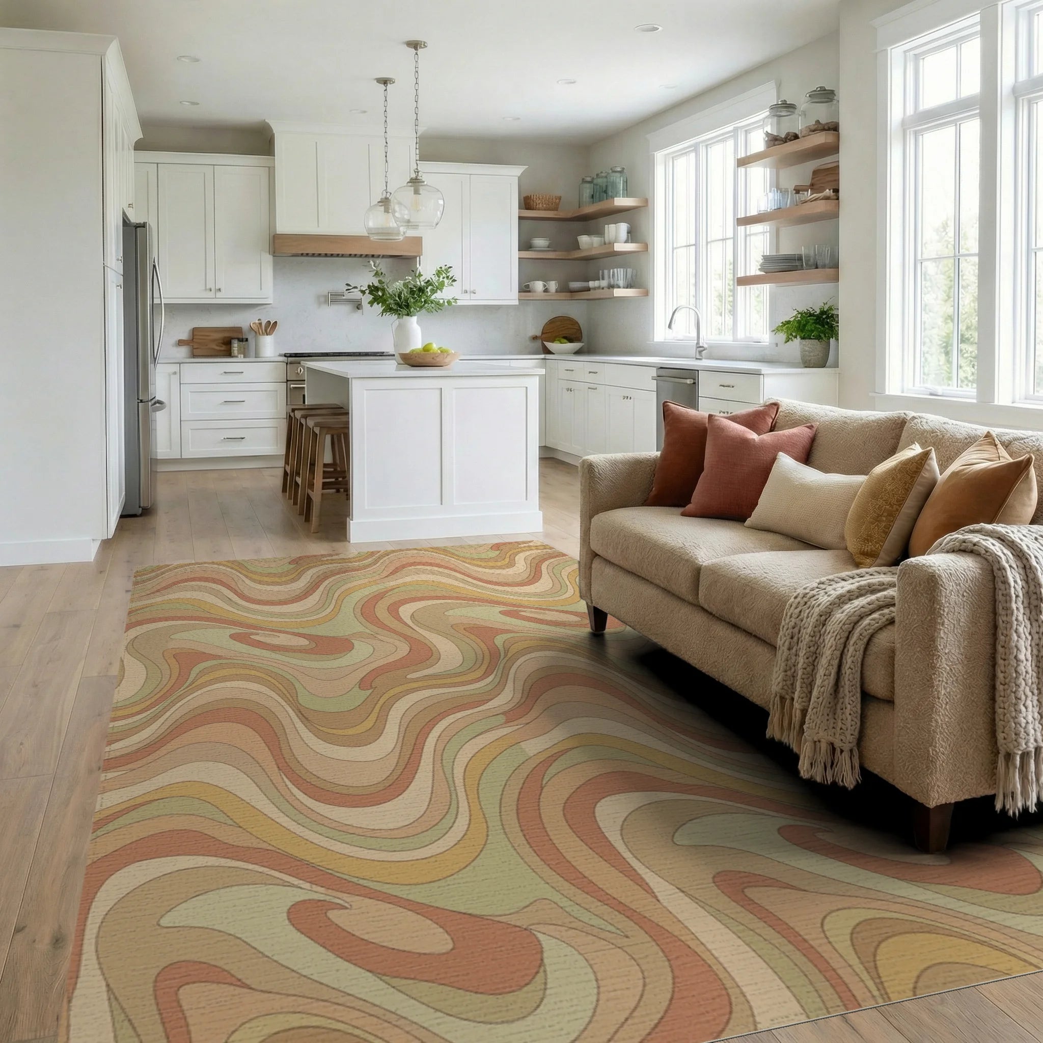 Earthy Swirl Flowing Lines Rug Living Room View