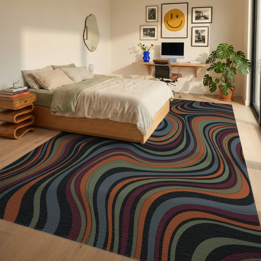 Earthy Swirls Wavy Stripe Rug Bedroom View