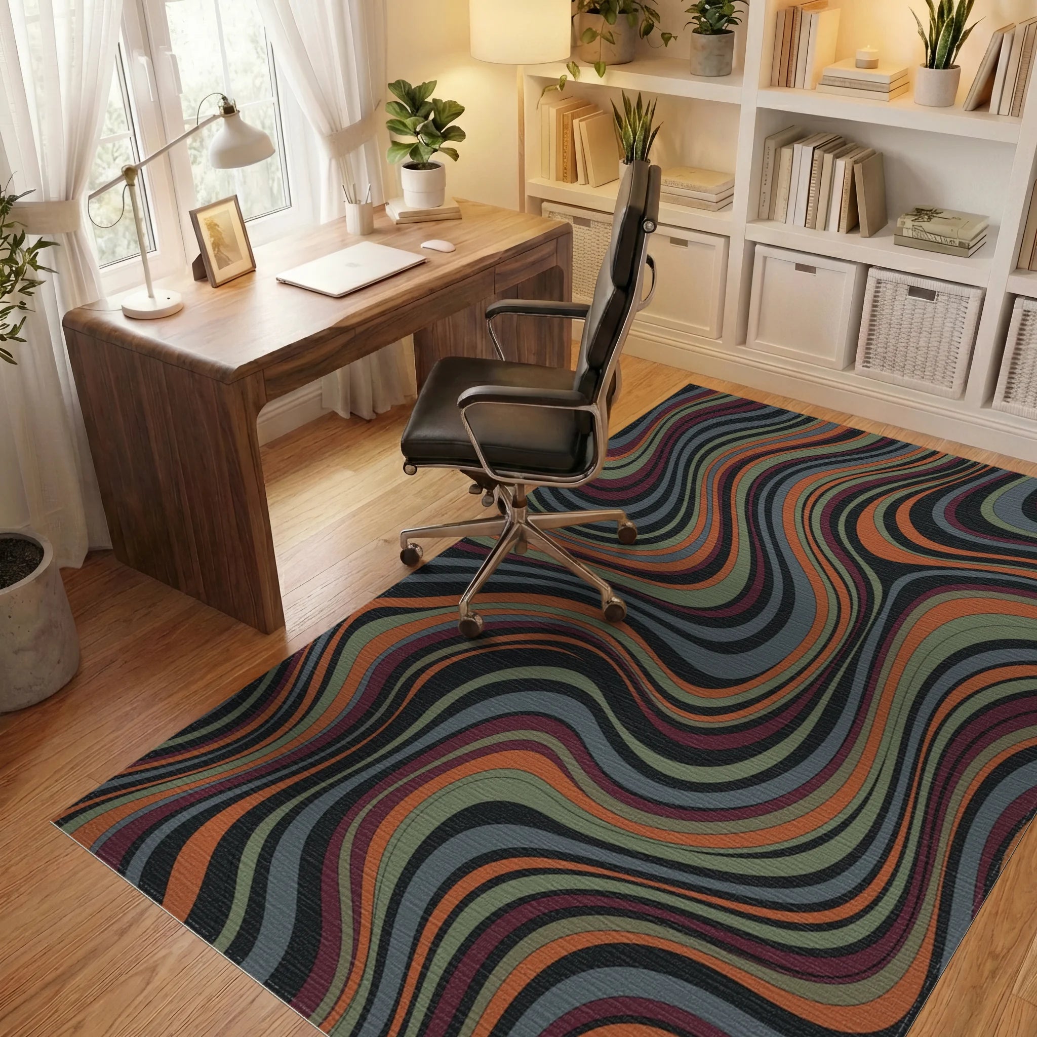 Earthy Swirls Wavy Stripe Rug Office View