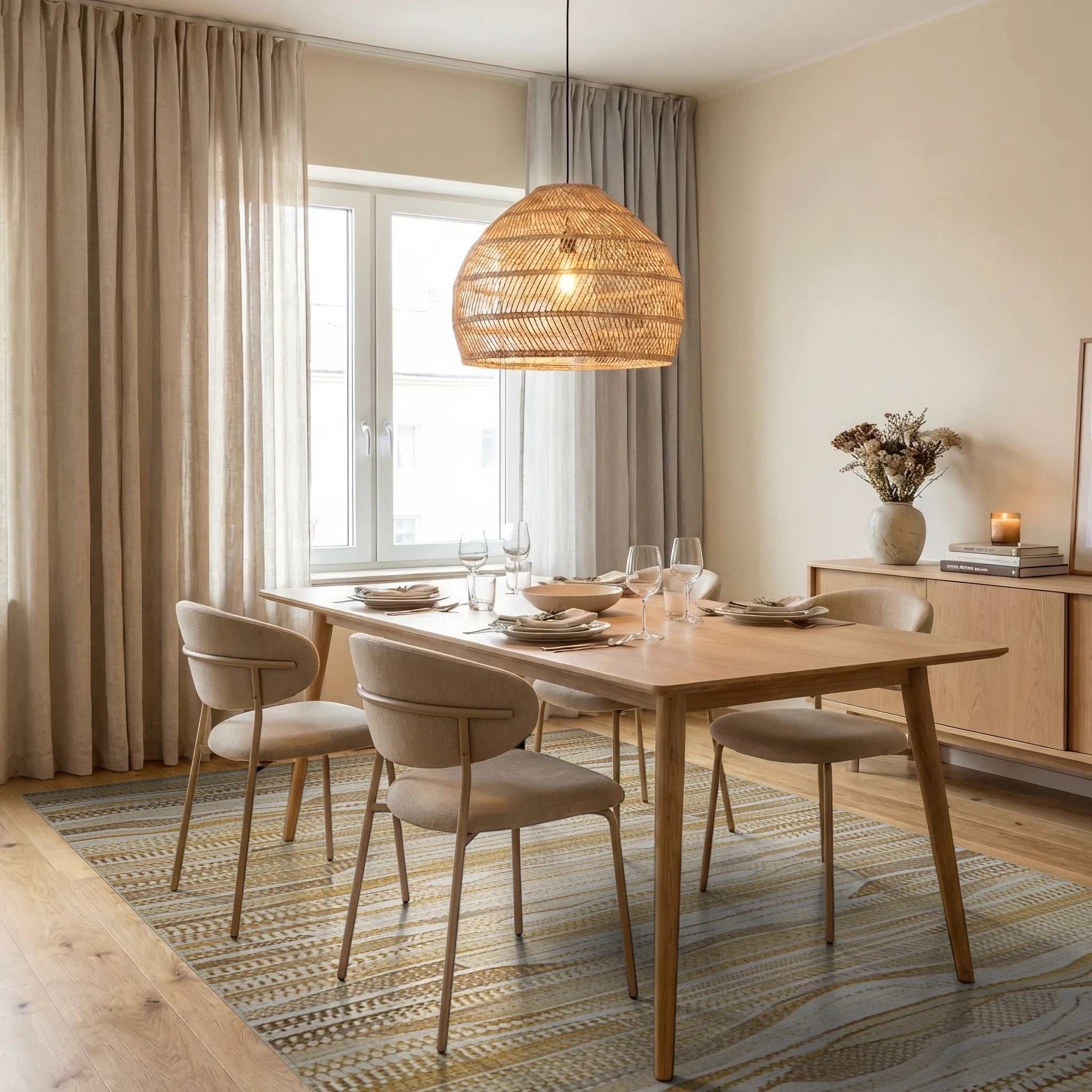 Earthy Tawny Textured Wave Rug - Dining Room View