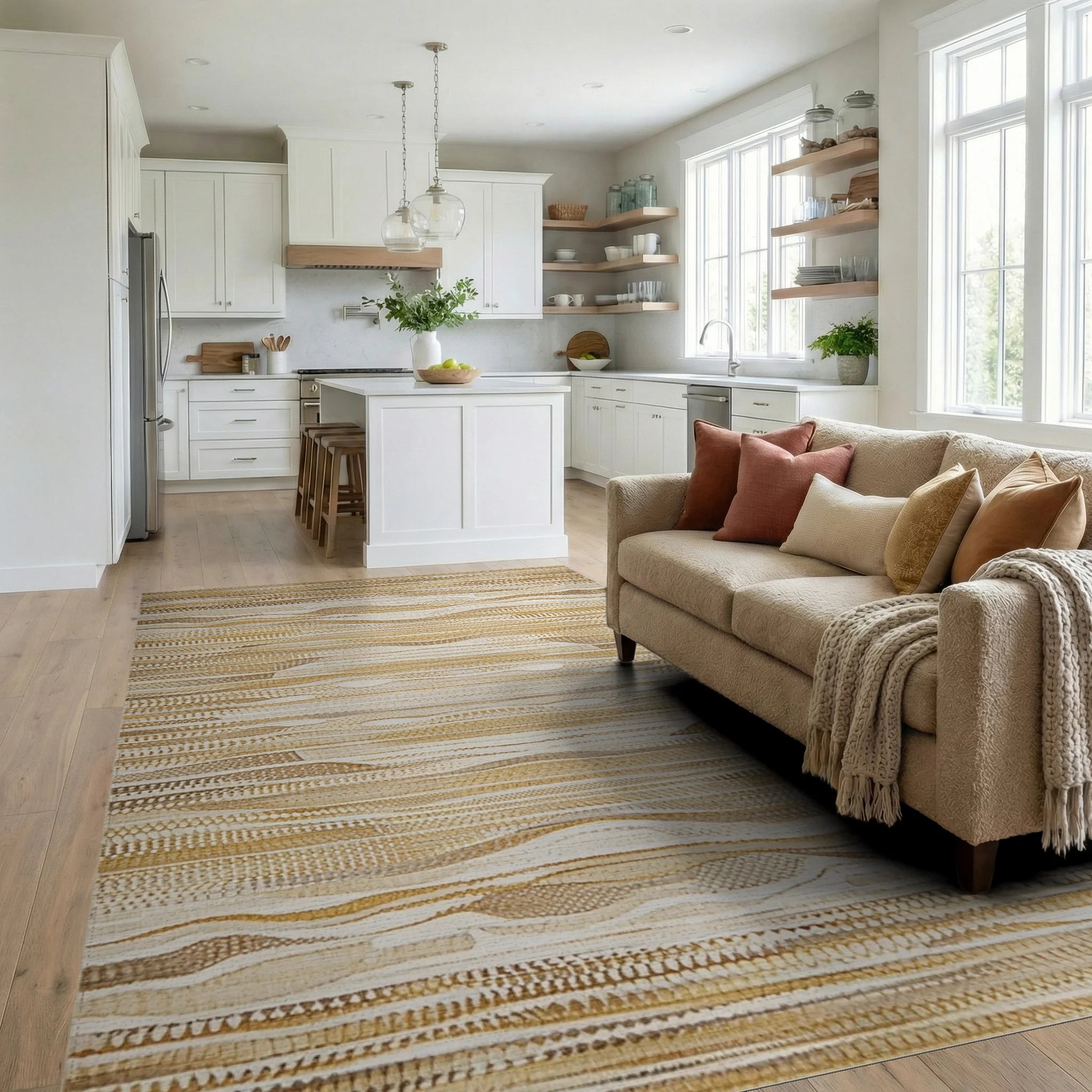 Earthy Tawny Textured Wave Rug - Living Room View