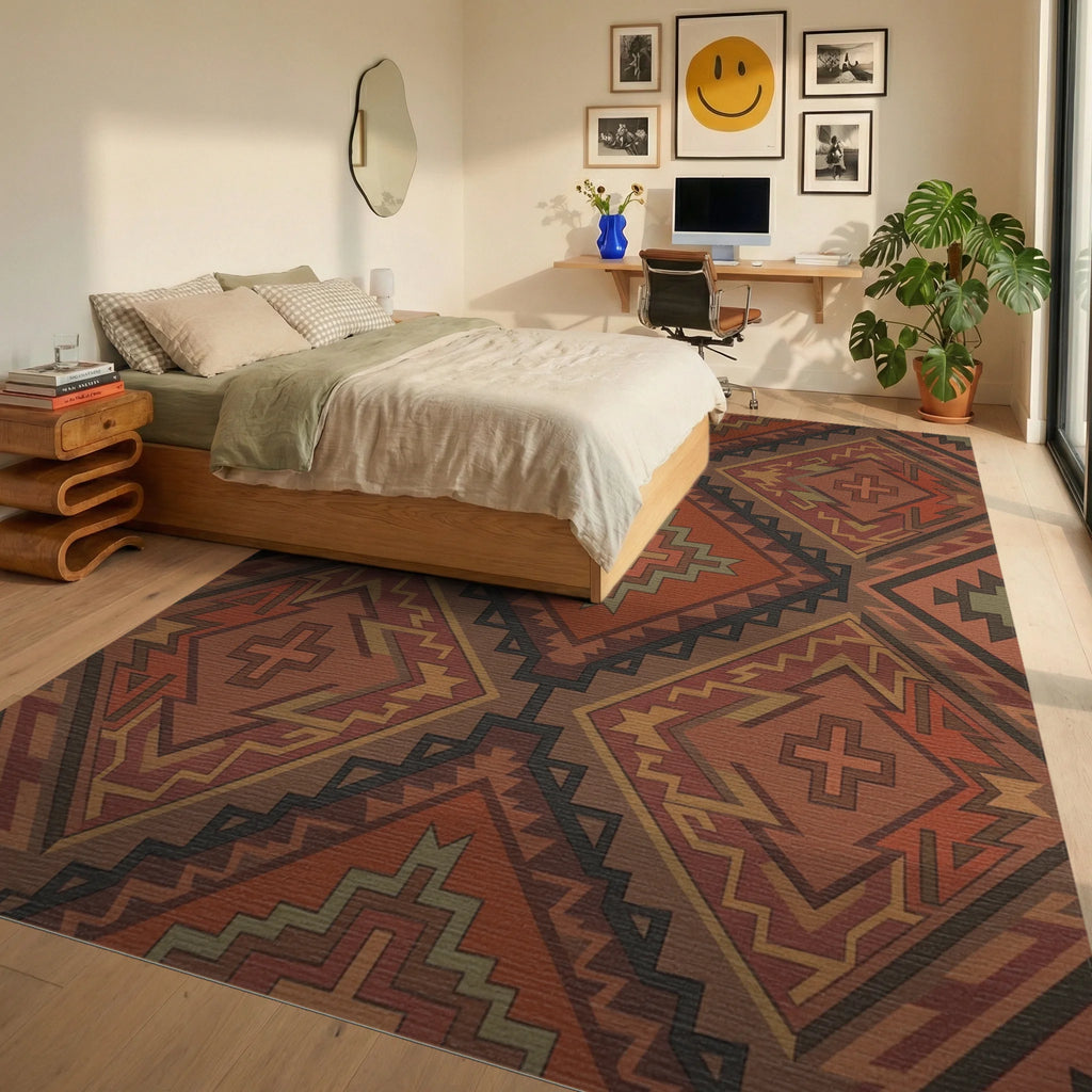 Earthy Terracotta Navajo Diamond Rug Bedroom View