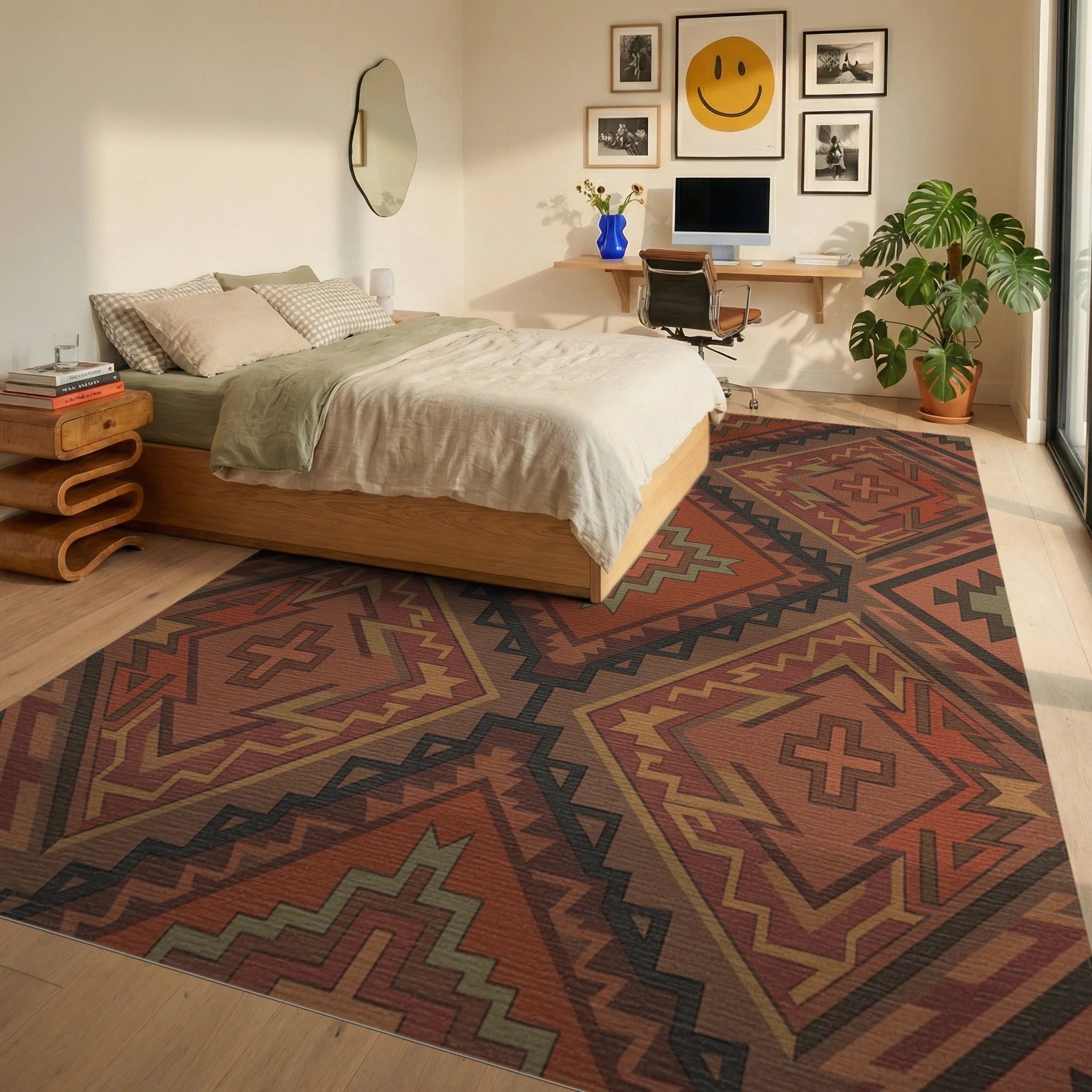 Earthy Terracotta Navajo Diamond Rug Bedroom View