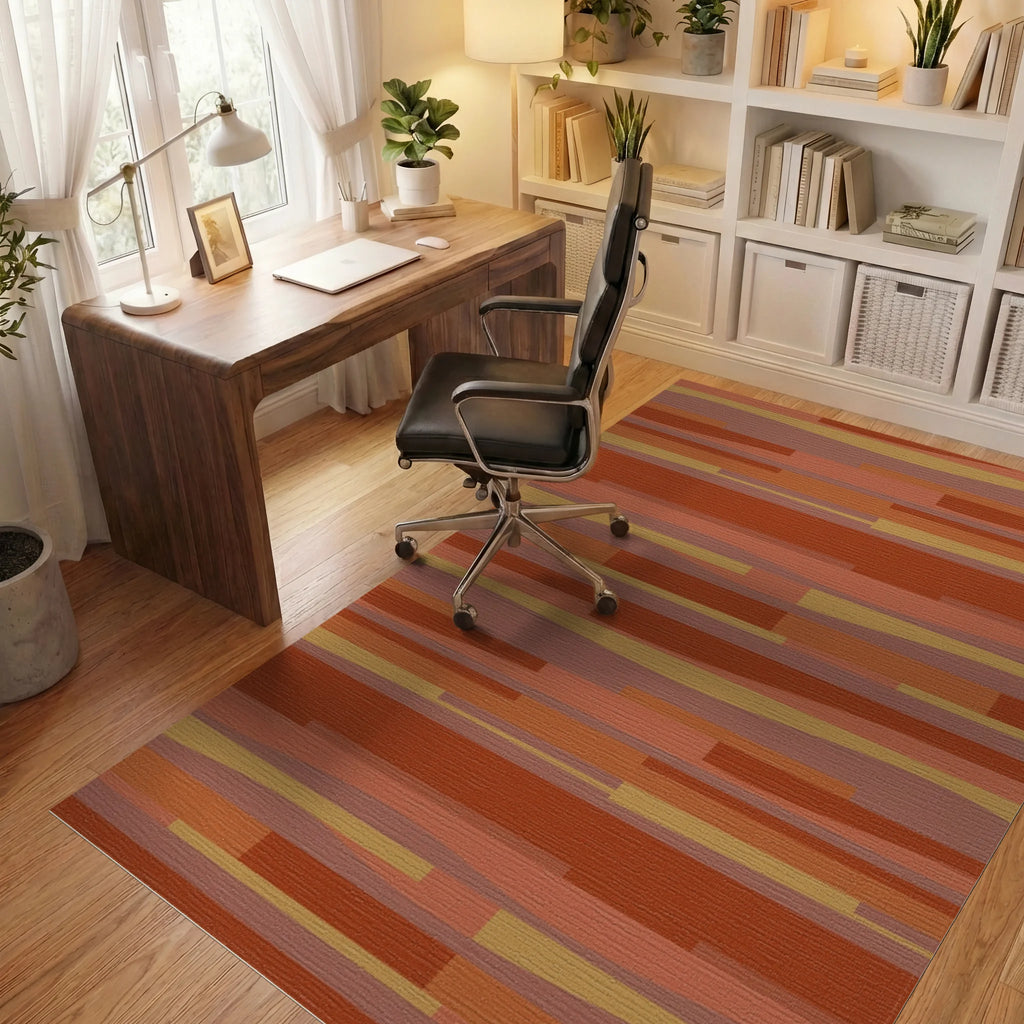 Earthy Terracotta Stripe Abstract Rug Office View