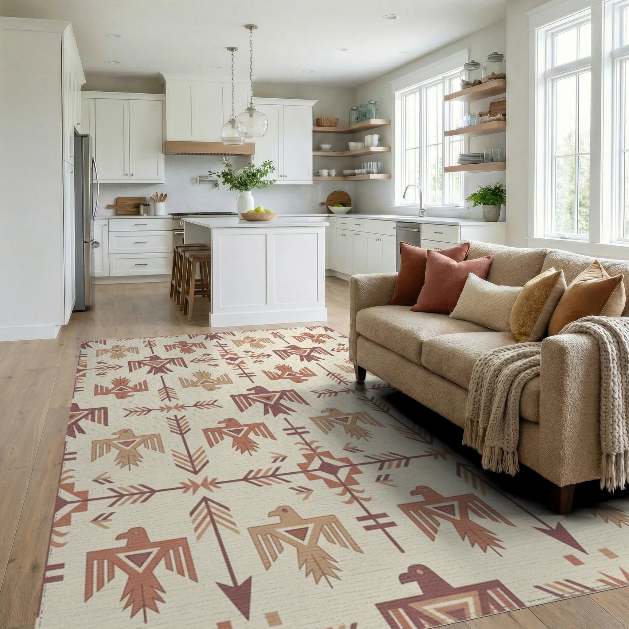 Earthy Thunderbirds Arrow Geometric Rug Living Room View