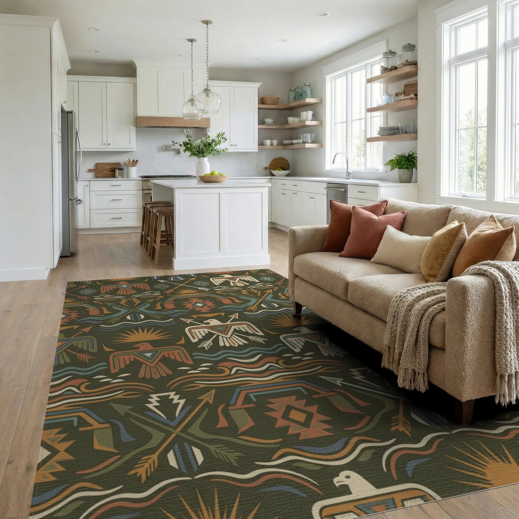 Earthy Thunderbirds Arrows Geometric Waves Rug Living Room View