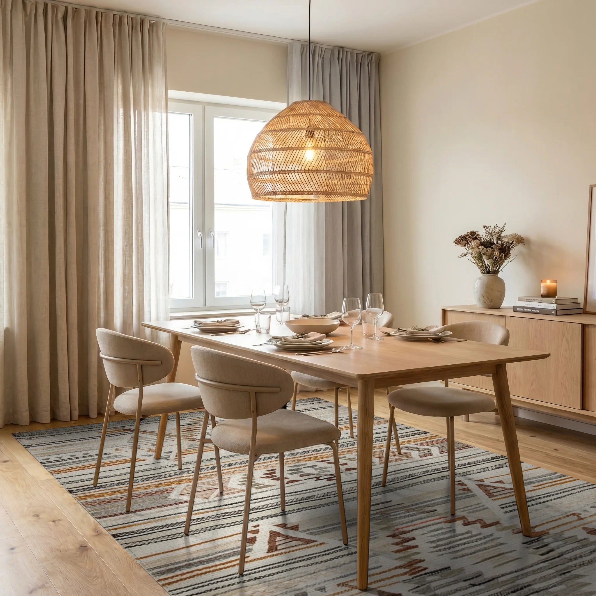 Earthy Tonal Geometric Diamond Rug - Dining Room View