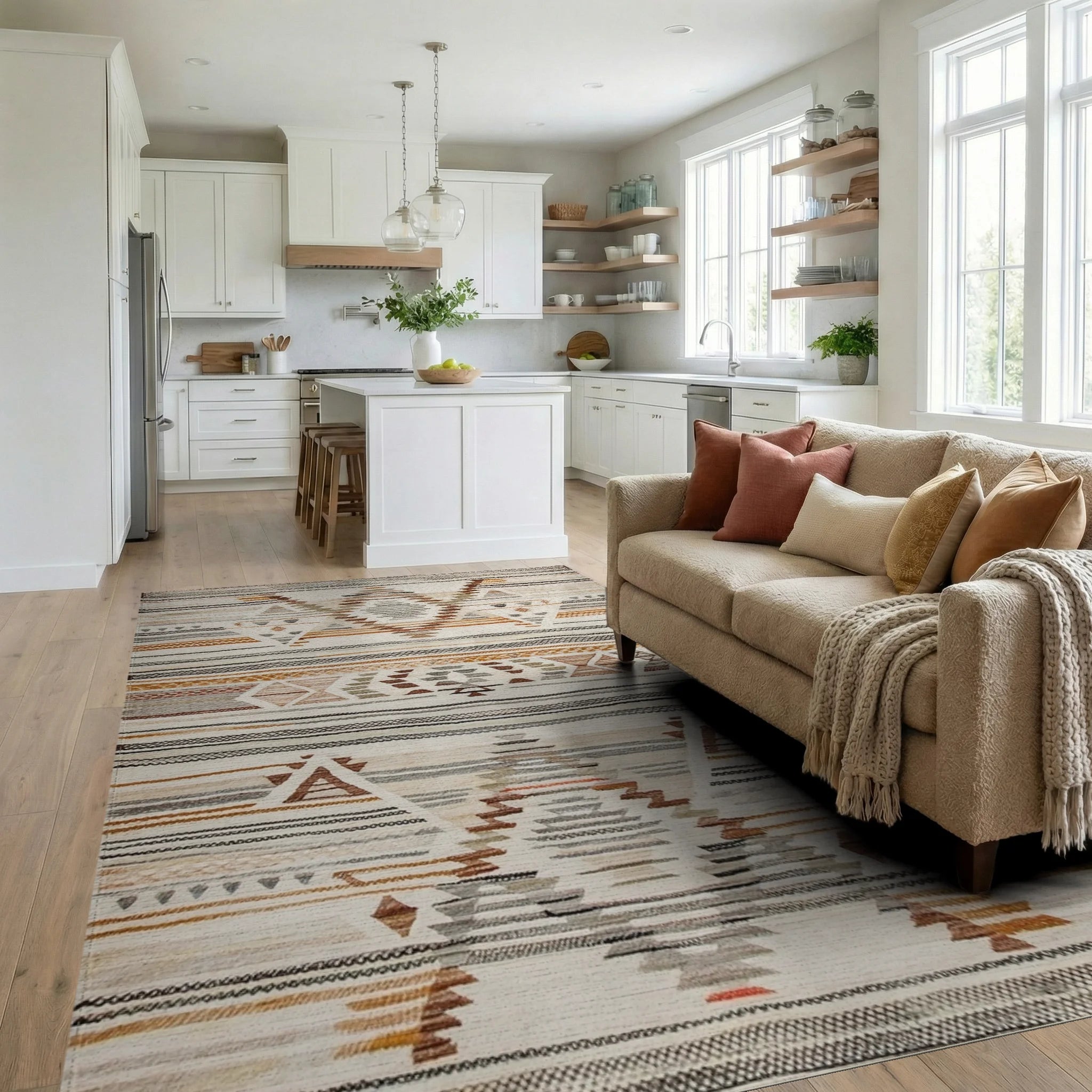 Earthy Tonal Geometric Diamond Rug - Living Room View