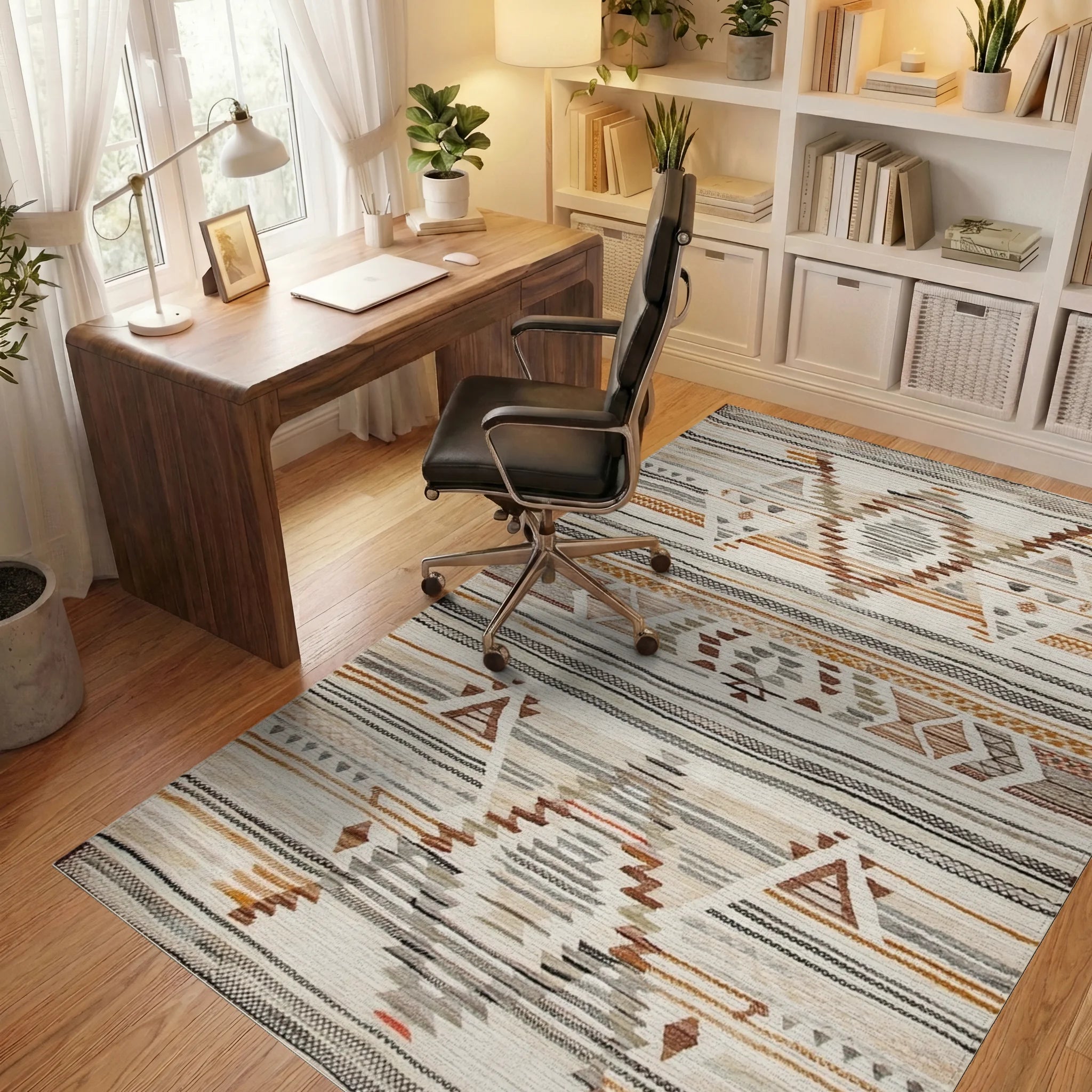 Earthy Tonal Geometric Diamond Rug - Office View