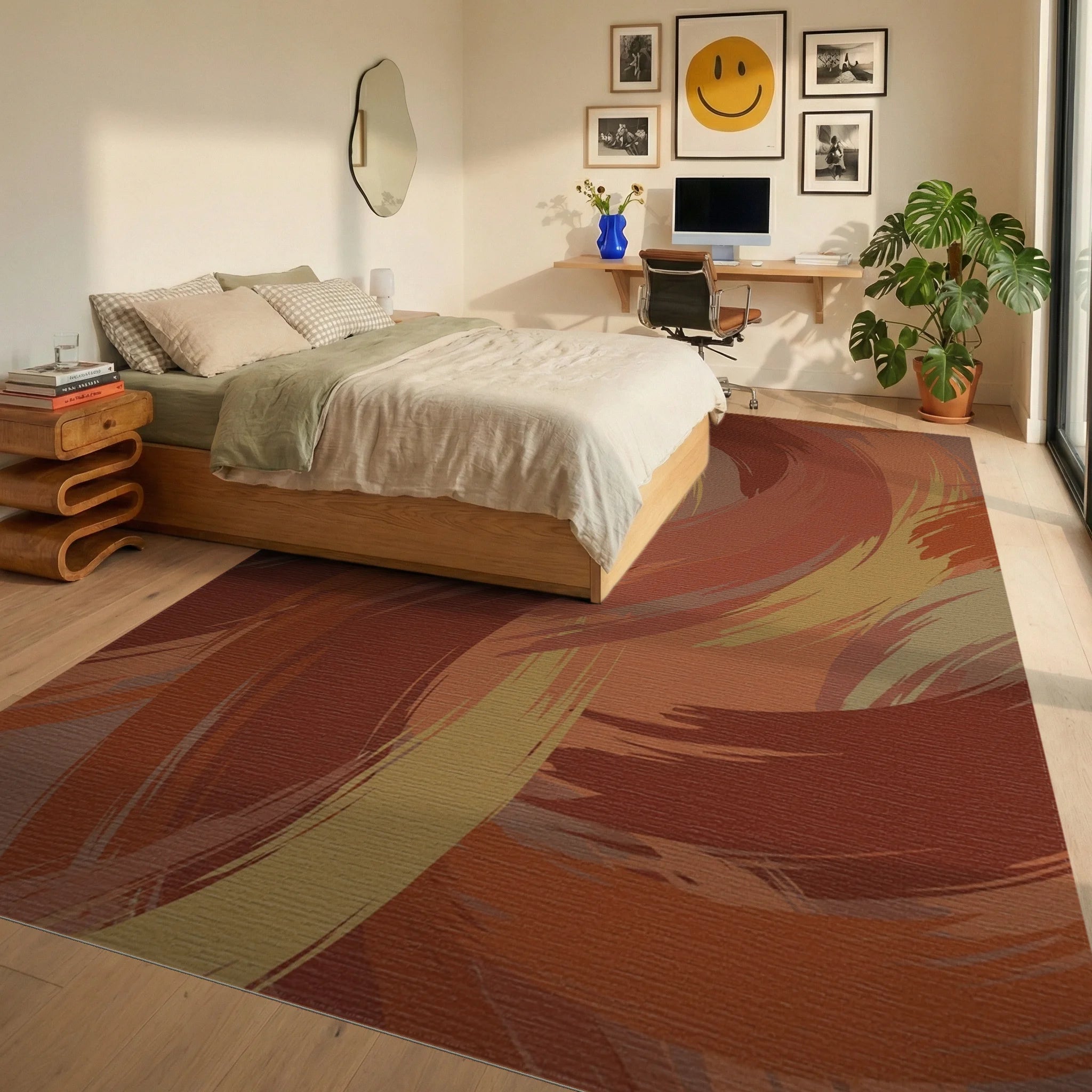 Earthy Tone Brushstroke Swirl Rug Bedroom View