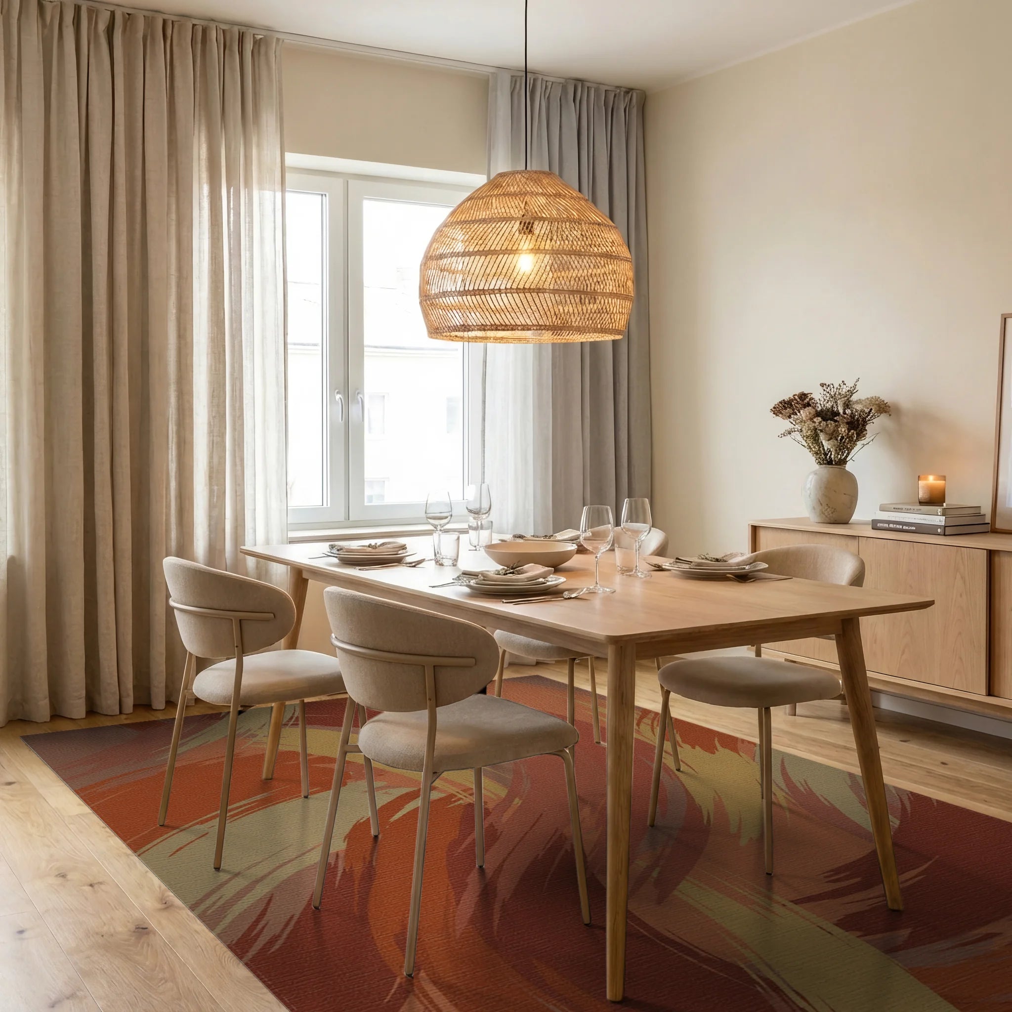 Earthy Tone Brushstroke Swirl Rug Dining Room View