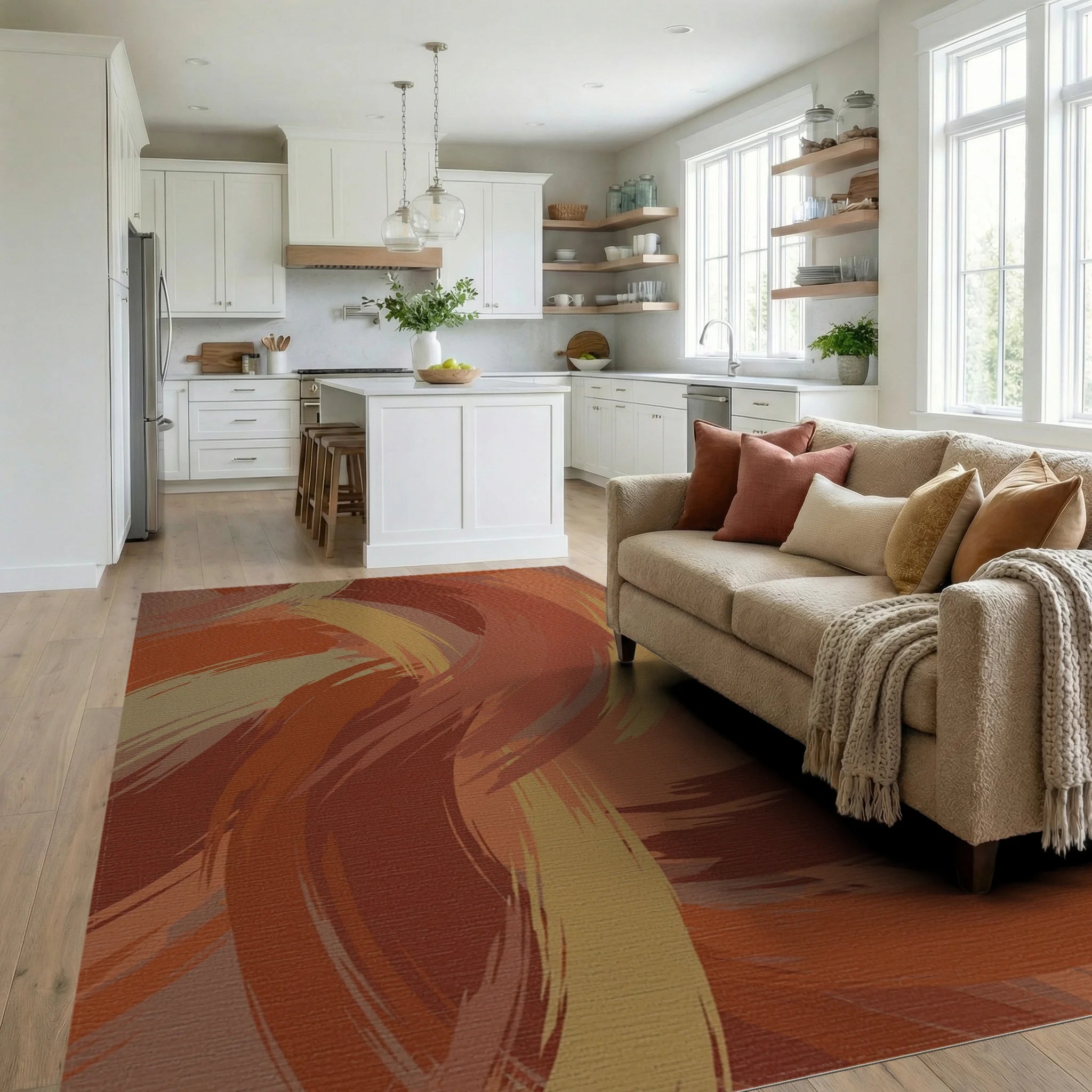 Earthy Tone Brushstroke Swirl Rug Living Room View