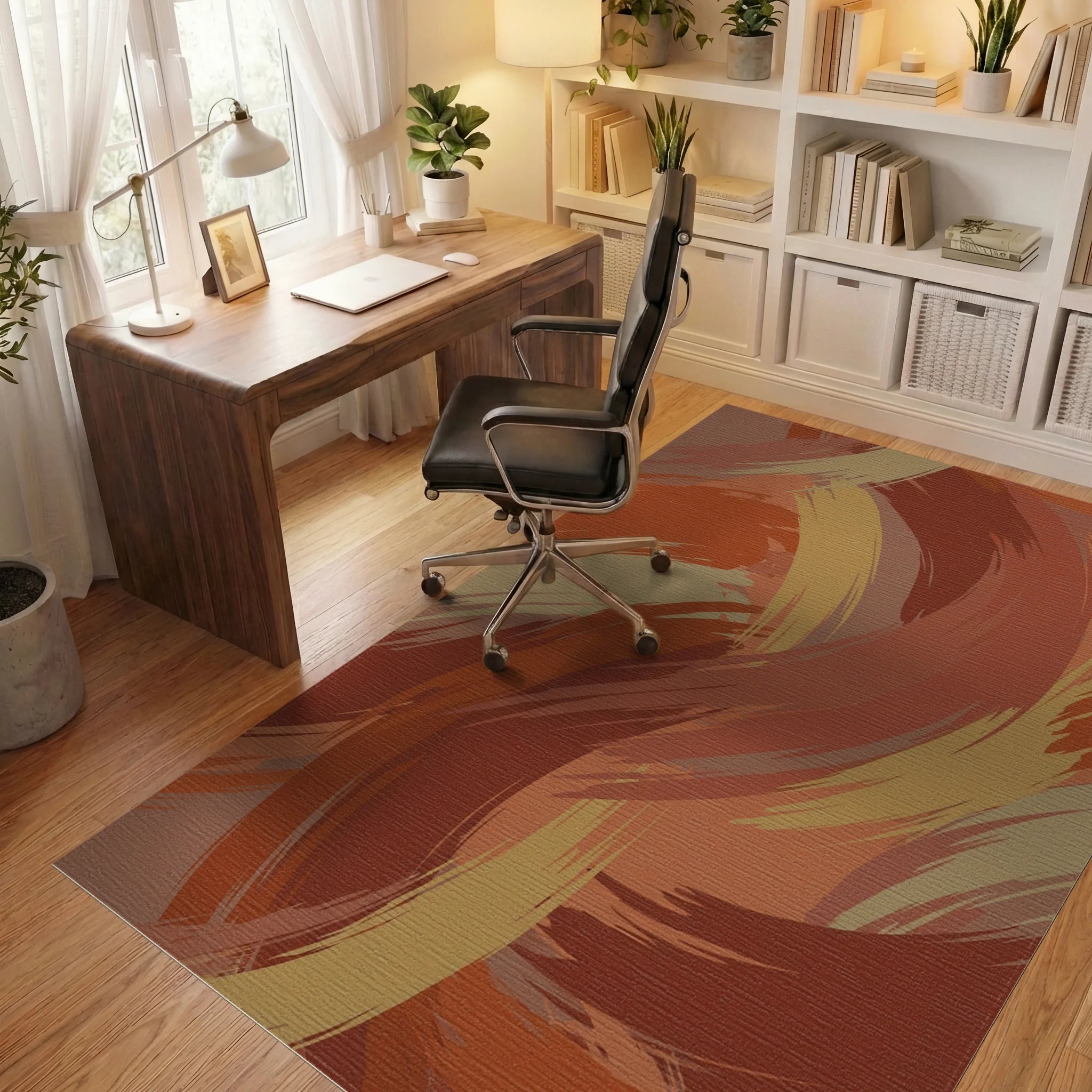 Earthy Tone Brushstroke Swirl Rug Office View