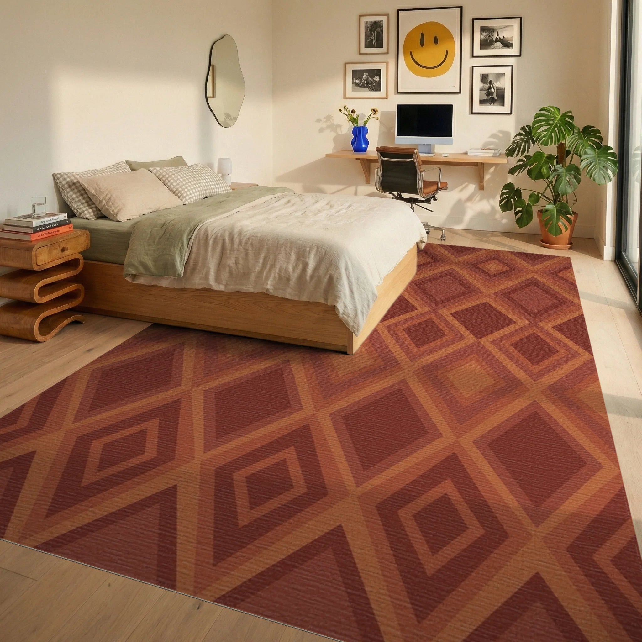 Earthy Tone Geometric Diamond Rug Bedroom View