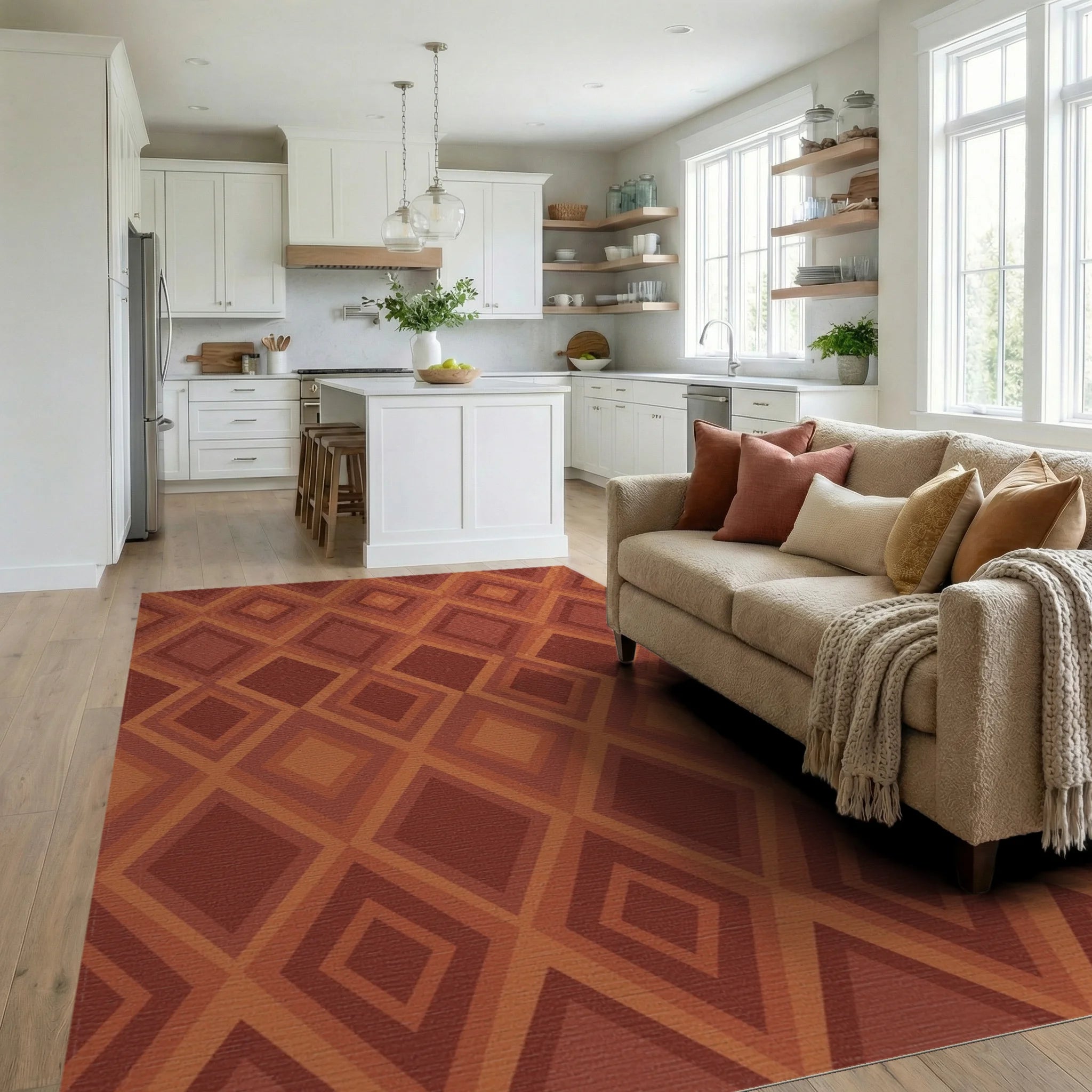 Earthy Tone Geometric Diamond Rug Living Room View