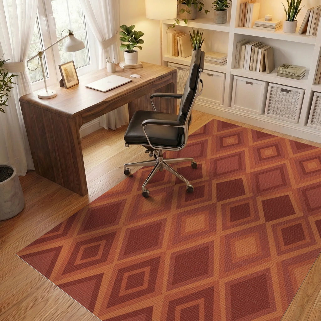 Earthy Tone Geometric Diamond Rug Office View
