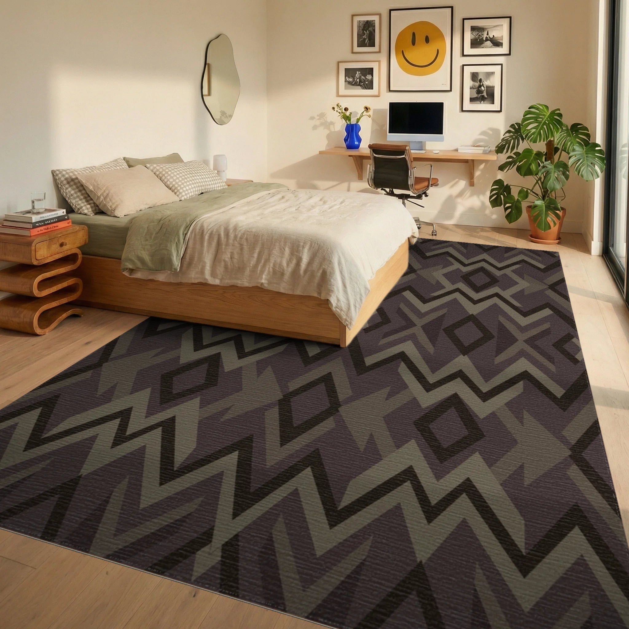 Earthy Tone Geometric Diamond Zigzag Rug Bedroom View