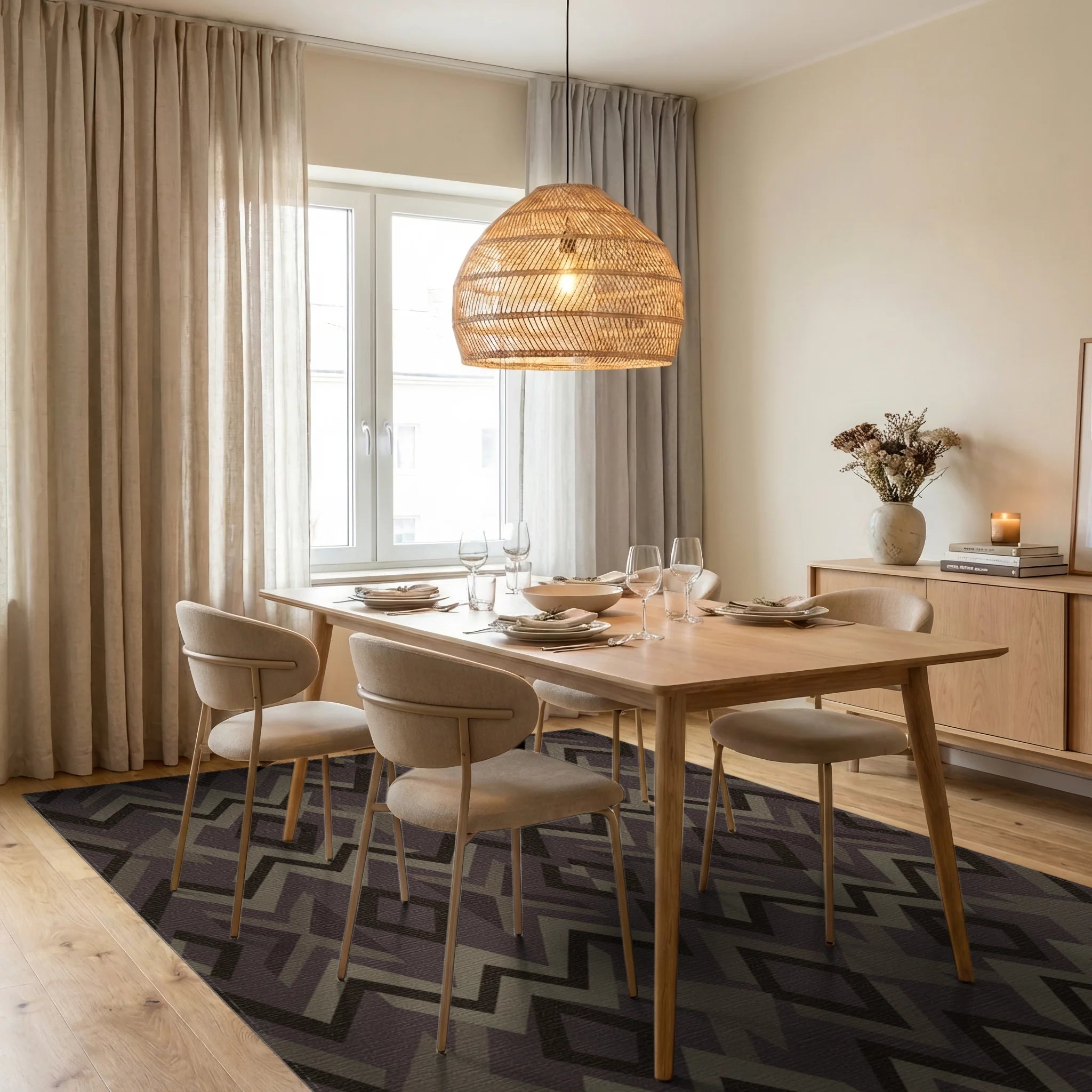 Earthy Tone Geometric Diamond Zigzag Rug Dining Room View