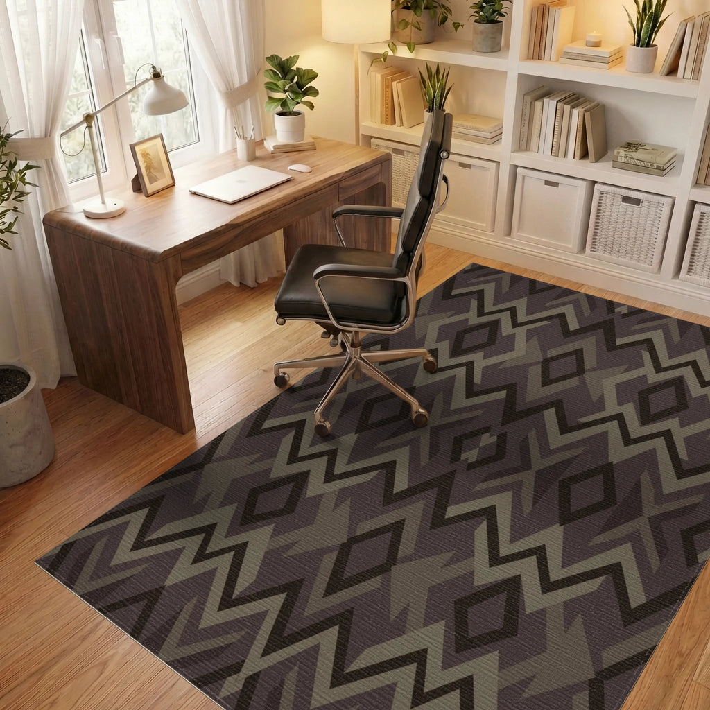 Earthy Tone Geometric Diamond Zigzag Rug Office View
