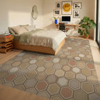 Earthy Tone Geometric Hexagon Rug Bedroom View