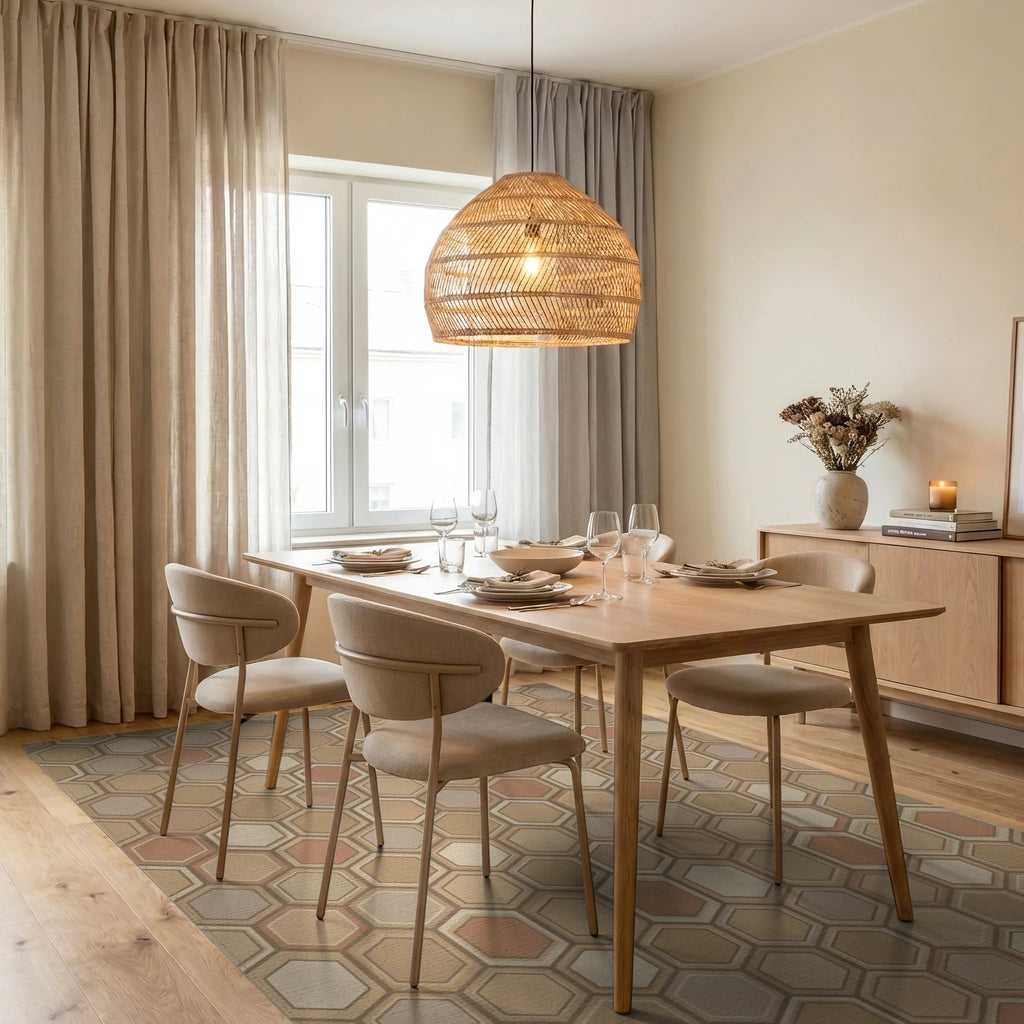 Earthy Tone Geometric Hexagon Rug Dining Room View