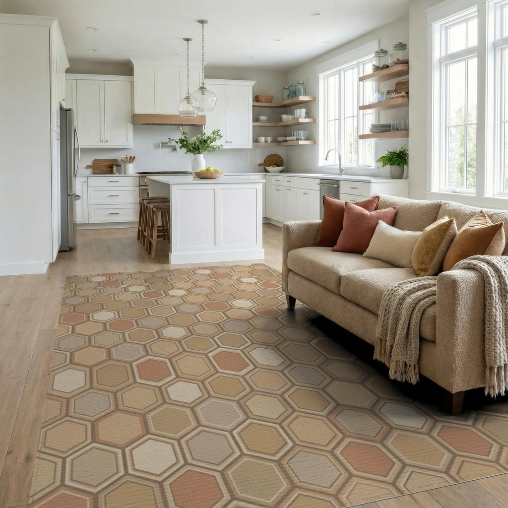 Earthy Tone Geometric Hexagon Rug Living Room View
