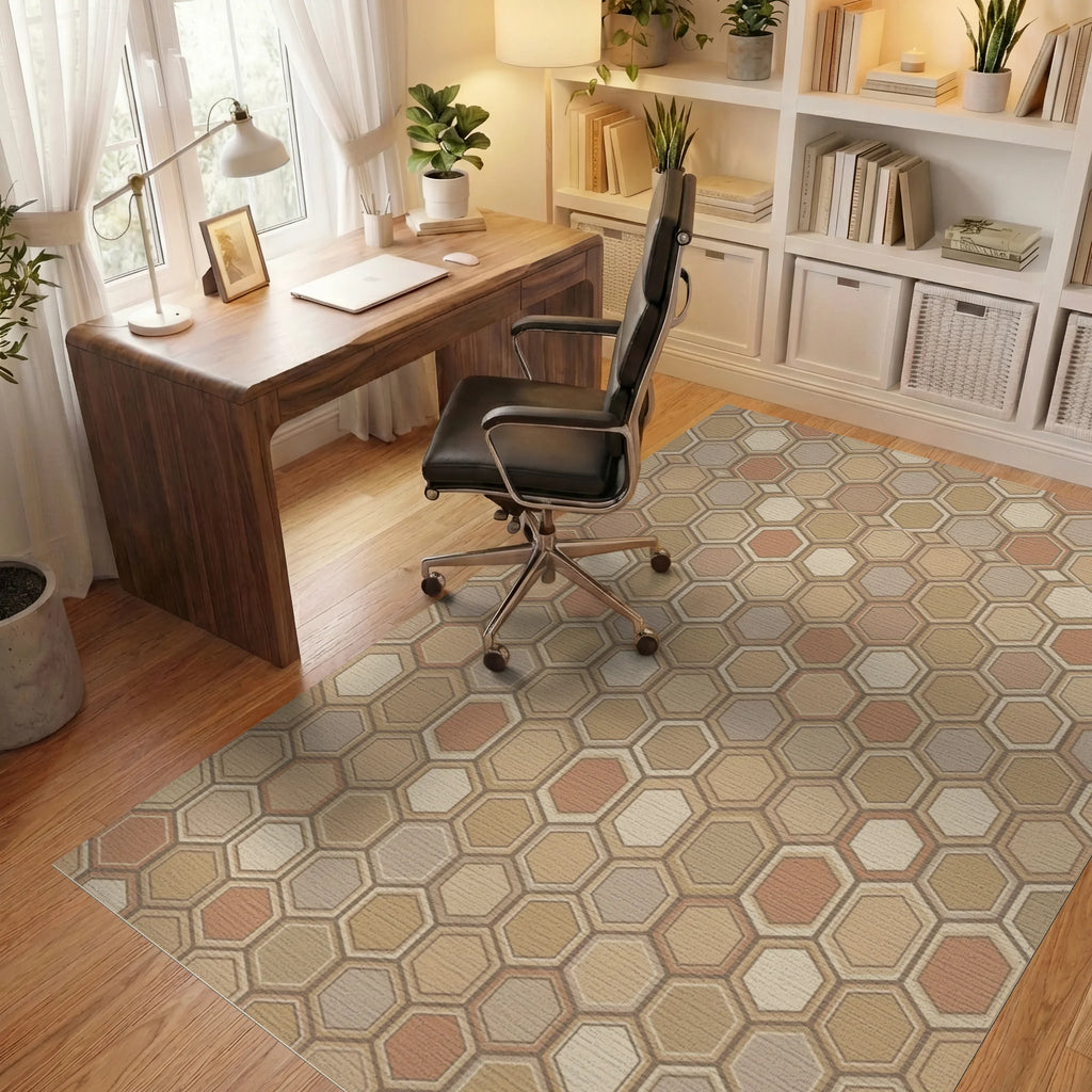 Earthy Tone Geometric Hexagon Rug Office View
