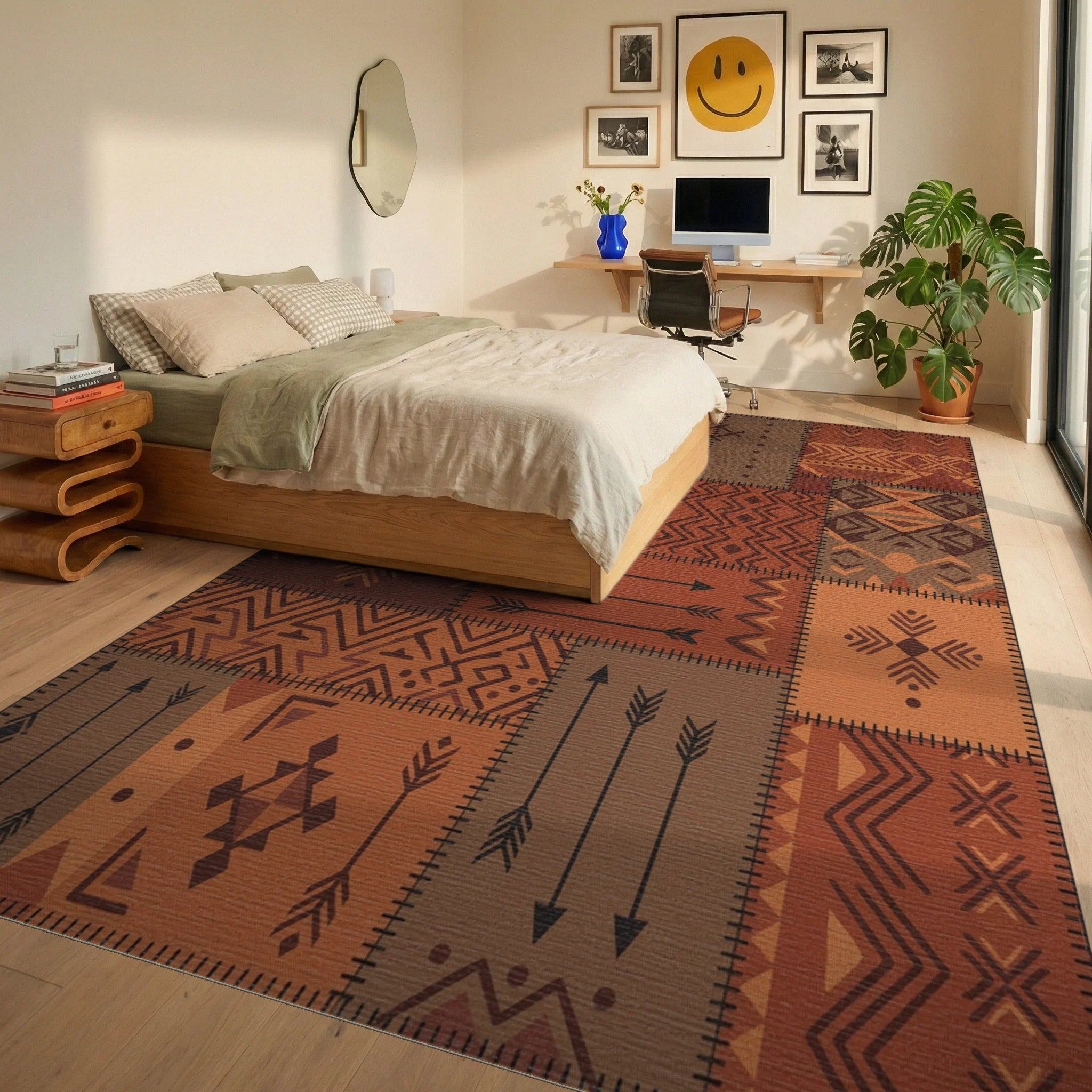 Earthy Tone Geometric Patchwork Rug Bedroom View