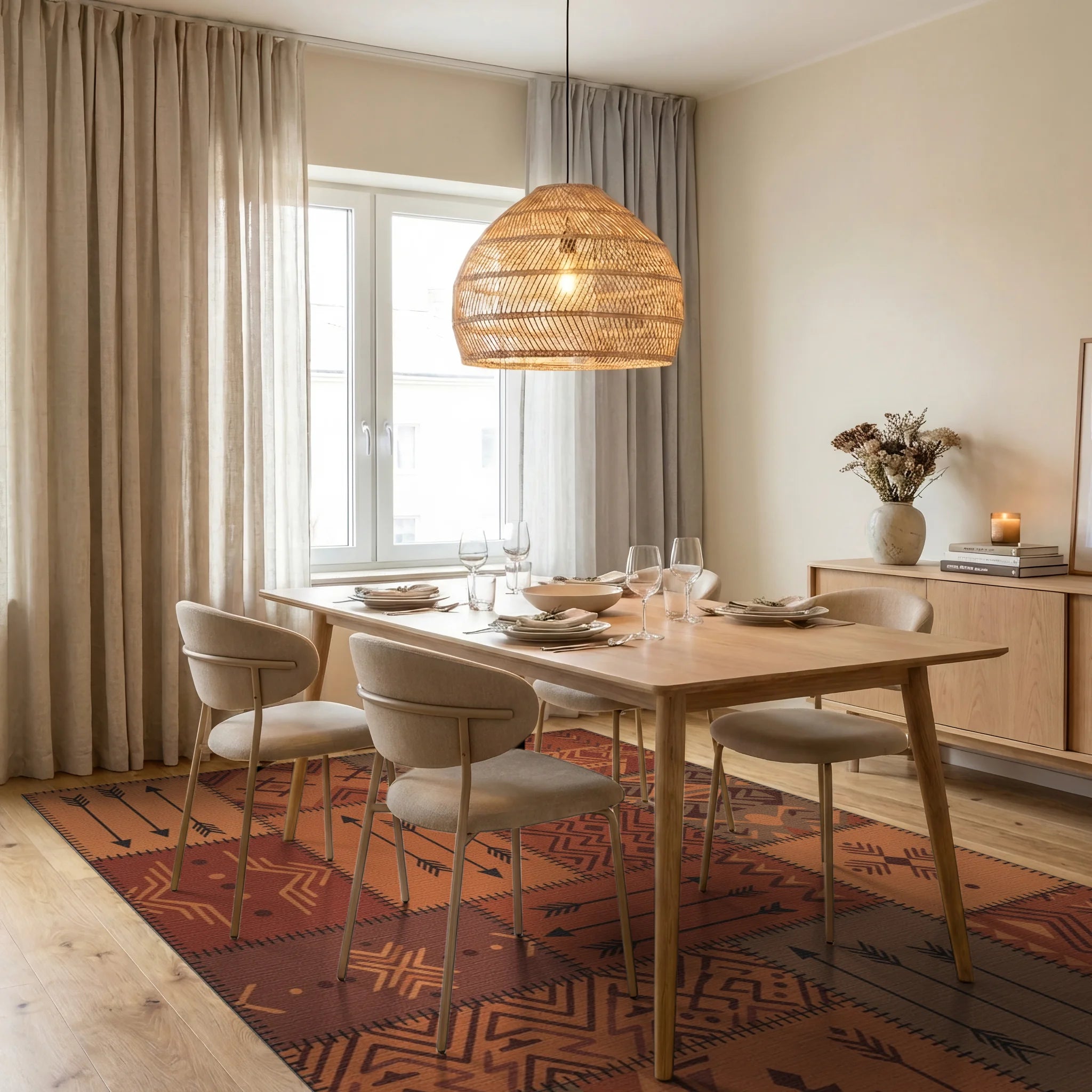 Earthy Tone Geometric Patchwork Rug Dining Room View