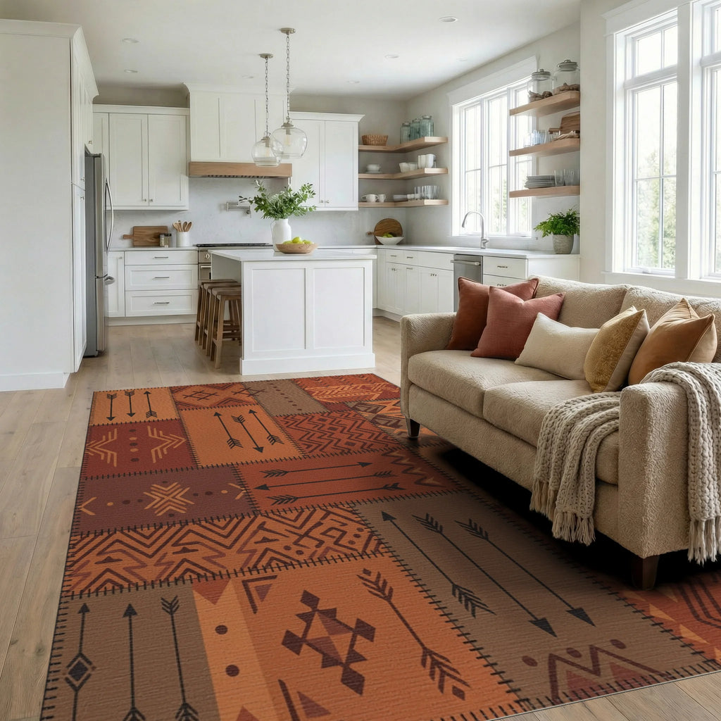 Earthy Tone Geometric Patchwork Rug Living Room View