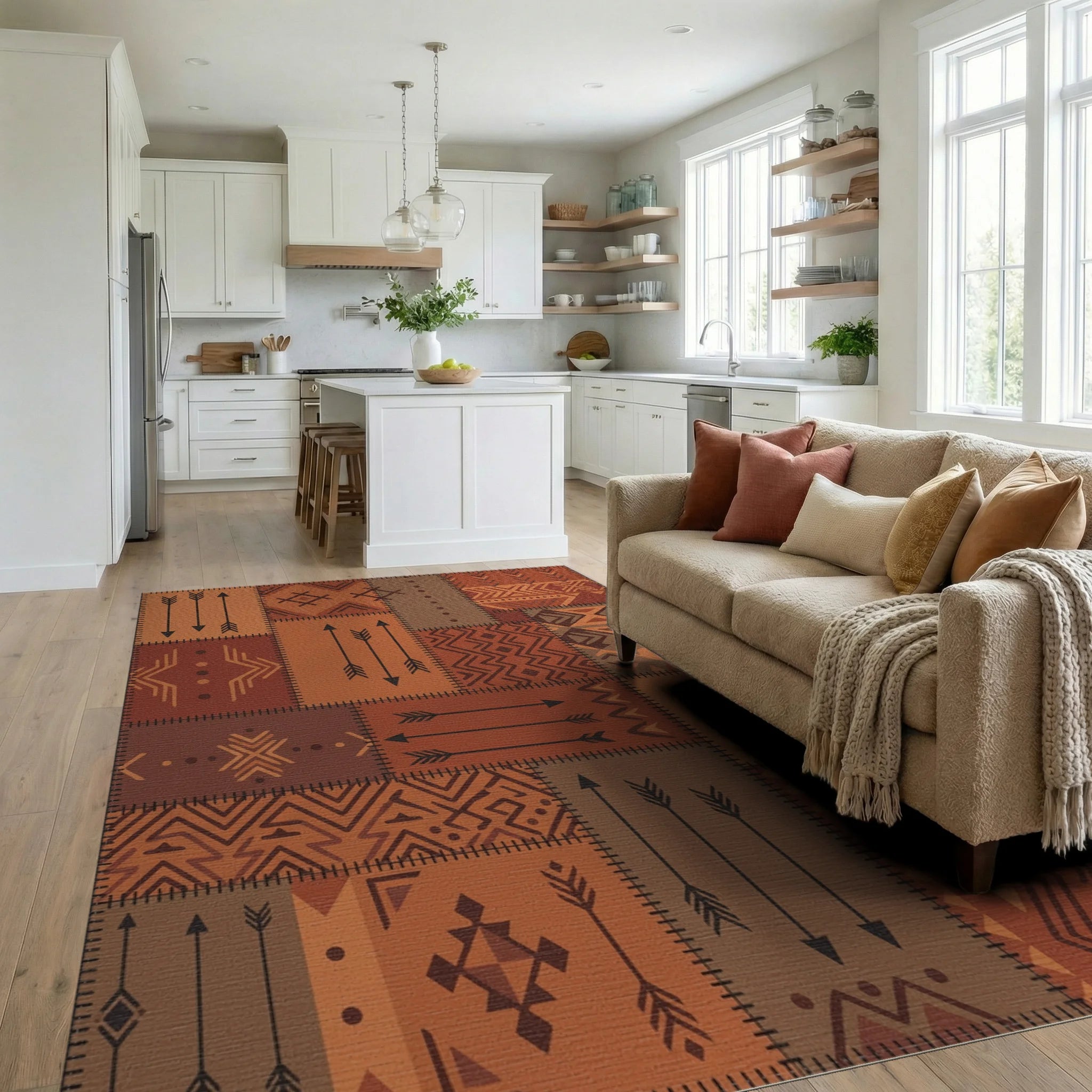 Earthy Tone Geometric Patchwork Rug Living Room View