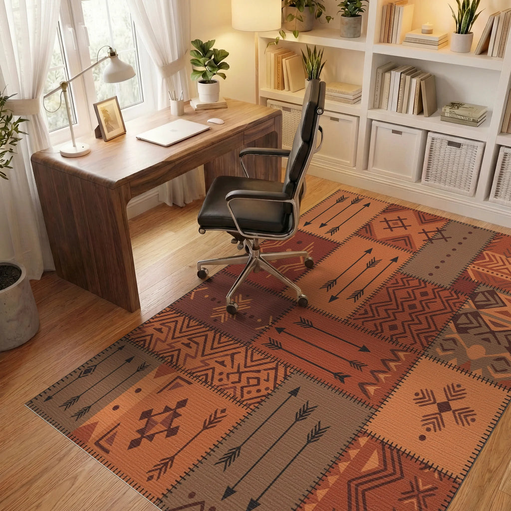 Earthy Tone Geometric Patchwork Rug Office View