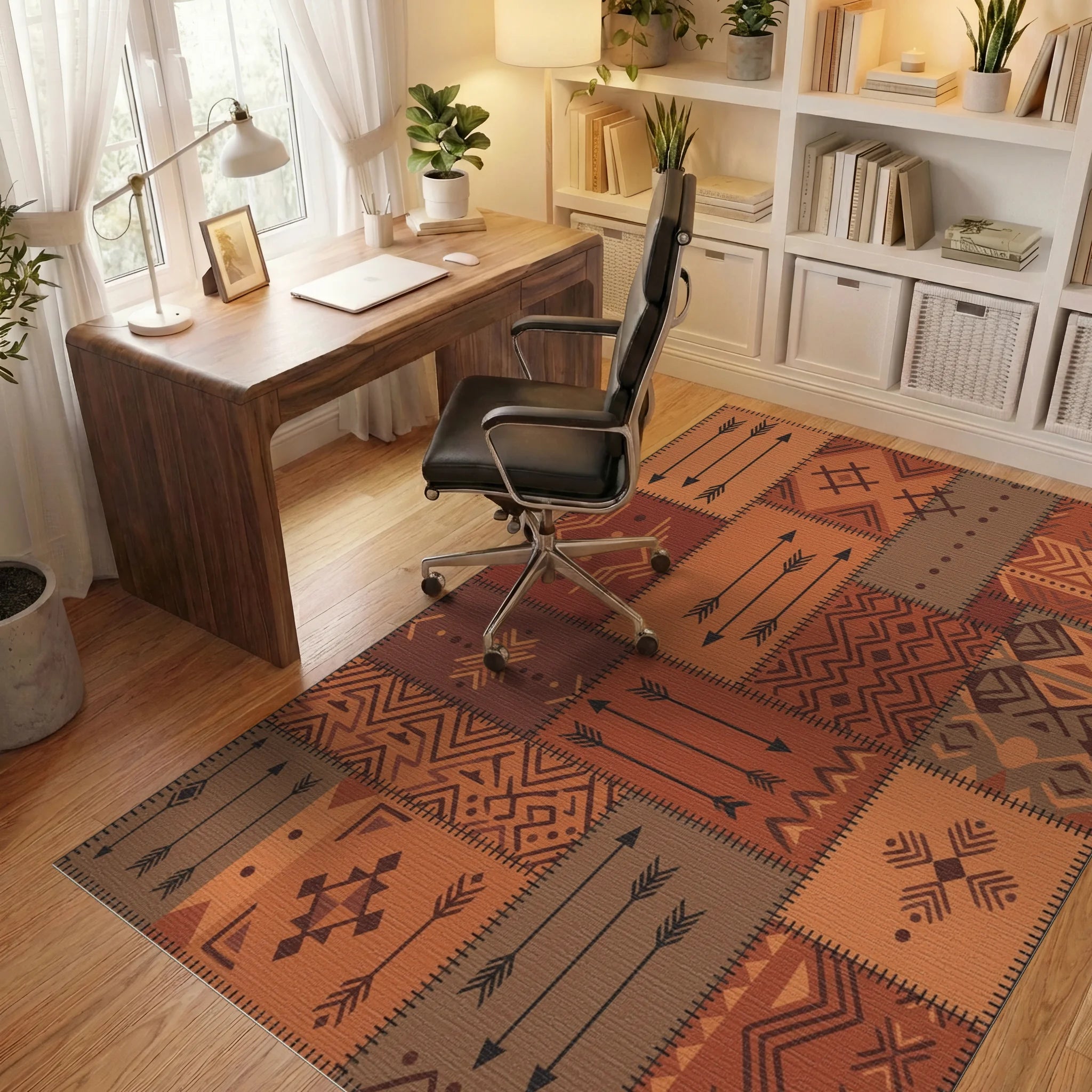 Earthy Tone Geometric Patchwork Rug Office View