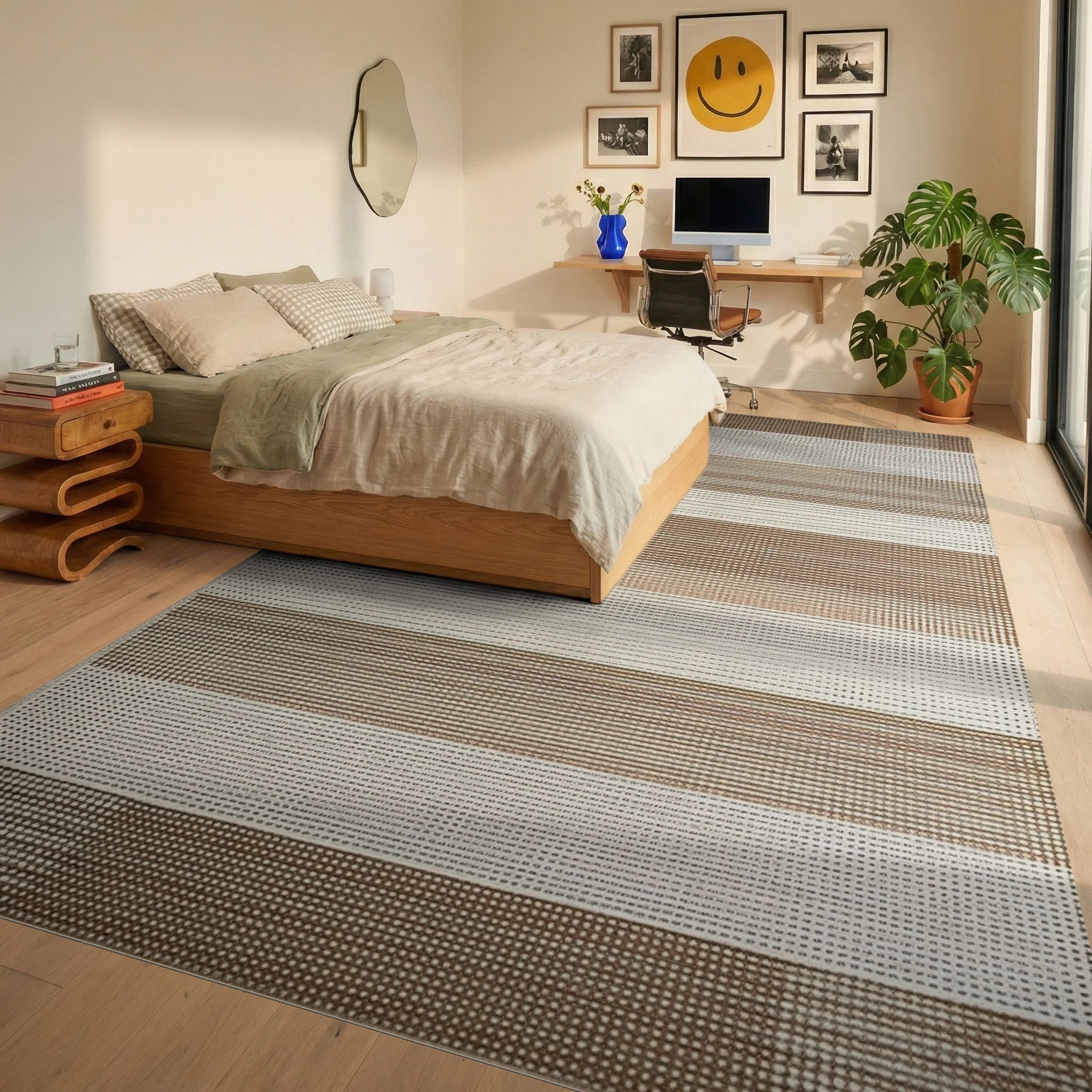 Earthy Tone Horizontal Stripe Dot Rug - Bedroom View